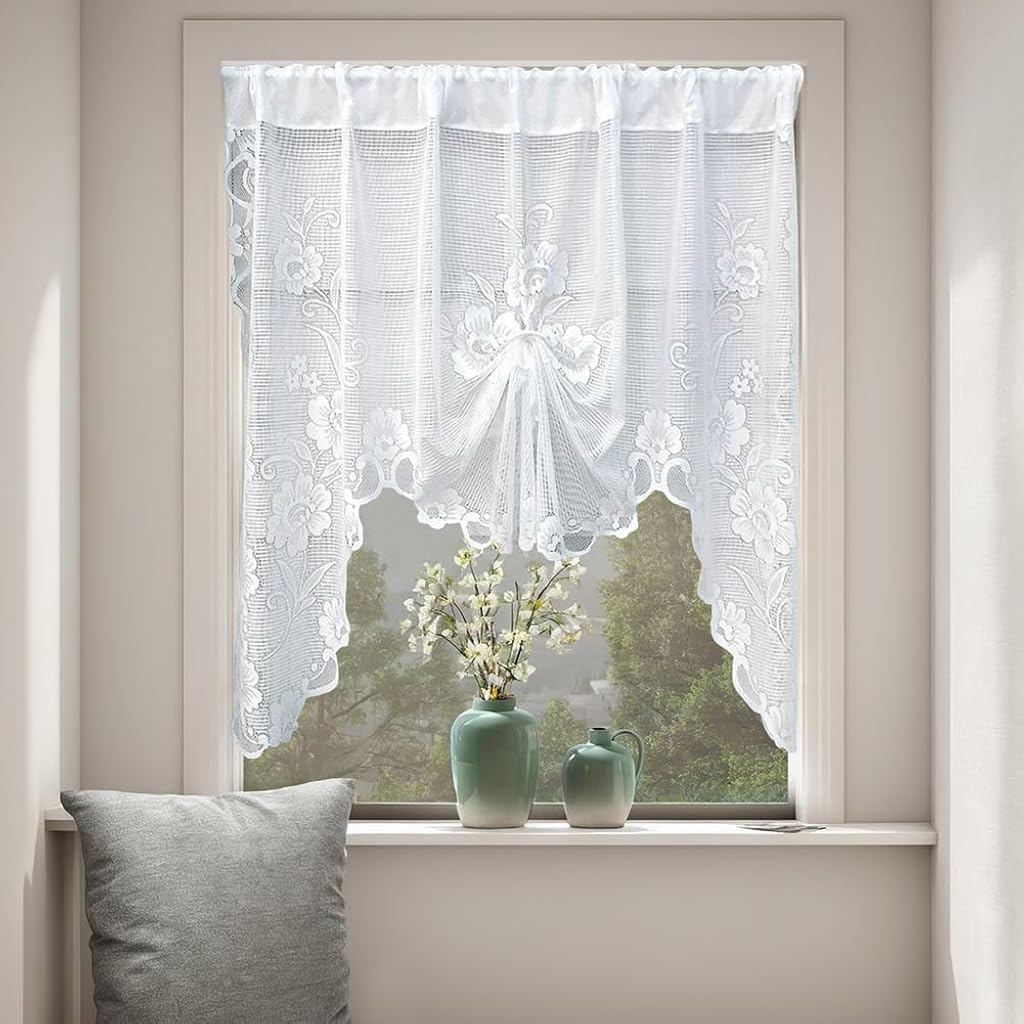 HASTHIP White Lace Window Curtain 100x100cm, Sheer Embroidered Floral Lace Caf Curtain with Center Drawstring Ruched Style, Priv