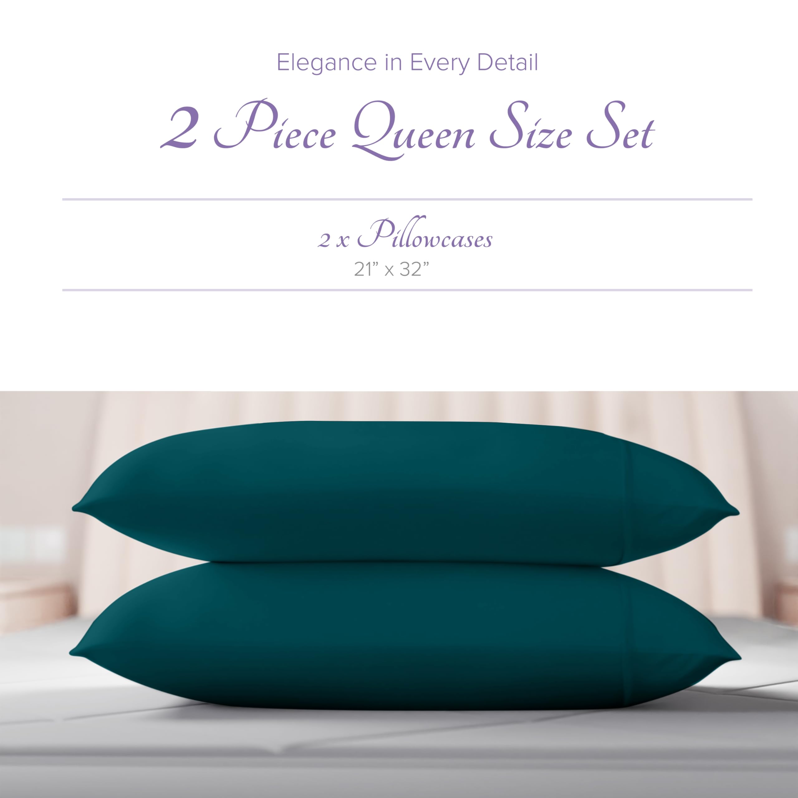 Carressa Linen 100% Egyptian Cotton Pillow Cases Set Of 2-600 Thread Count Teal Standard/Queen Pillowcase For Sleeping, Soft, Si