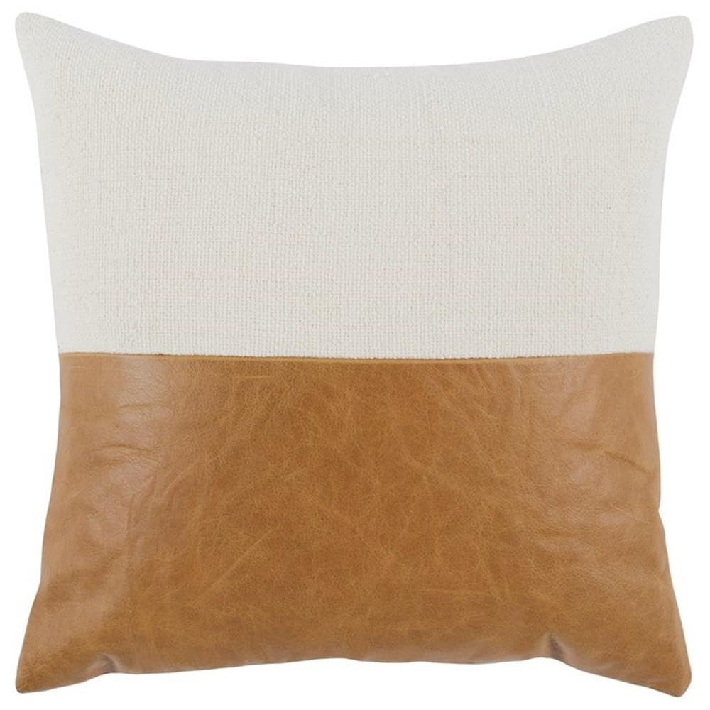 Kosas Home Yoli 20X20 Square Leather And Cotton Throw Pillow In Ivory/Chestnut