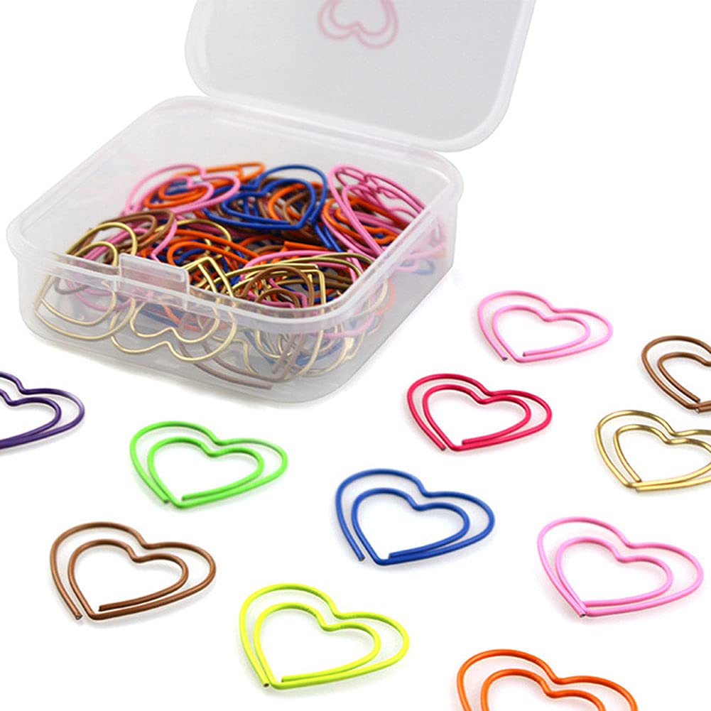 2 Boxes (100 Pieces) Heart Shaped Paper Clips Multicolor Paperclips Bookmarks Document Clips For School Home Office Supplies