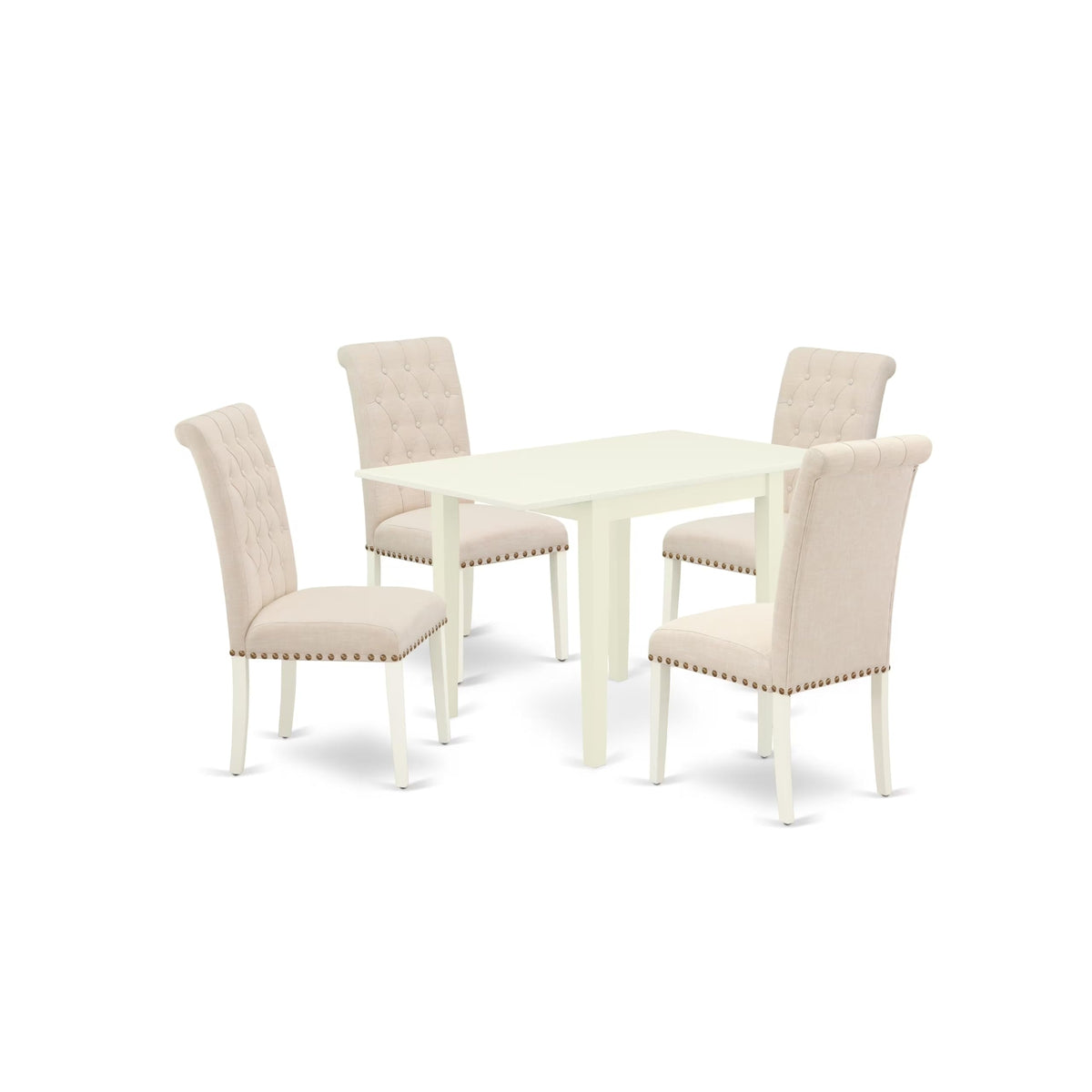East West Furniture 1Ndbr5-Lwh-02 5 Piece Dining Set Includes A Rectangle Dining Room Table With Dropleaf And 4 Light Beige Linen Fabric Upholstered Chairs, 30X48 Inch, Linen White