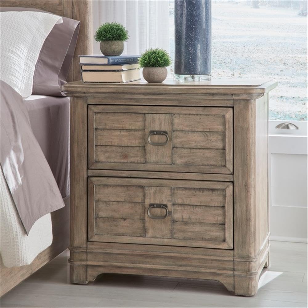 Meadowbrook Beige Antique Sand Wood Two Drawer Farmhouse Style Nightstand