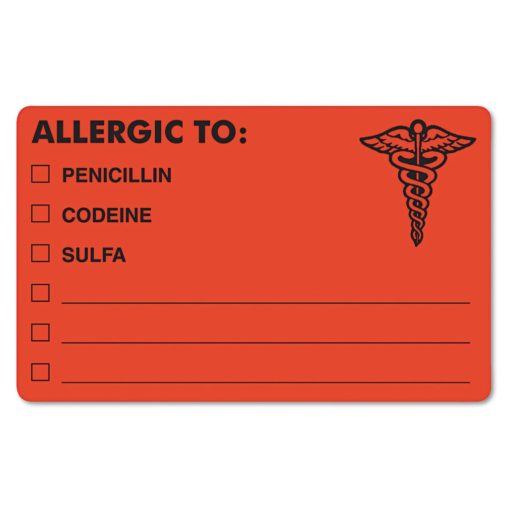Tabbies Drug Allergy Medical Warning Labels, 2-1/2 X 4, Orange, 100/Roll