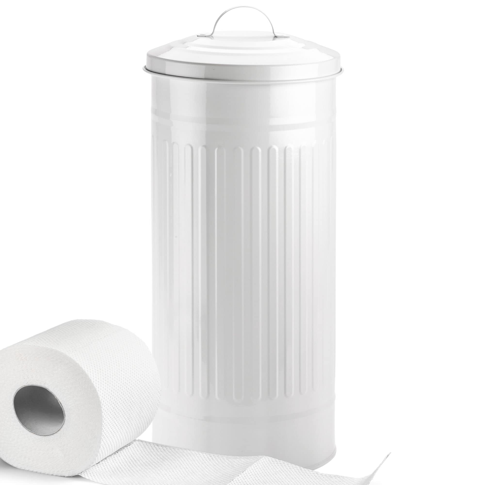 Autumn Alley White Toilet Paper Holder Canister with Lid - Vertical Rustproof Free-Standing Farmhouse Metal Toilet Tissue Caddy 