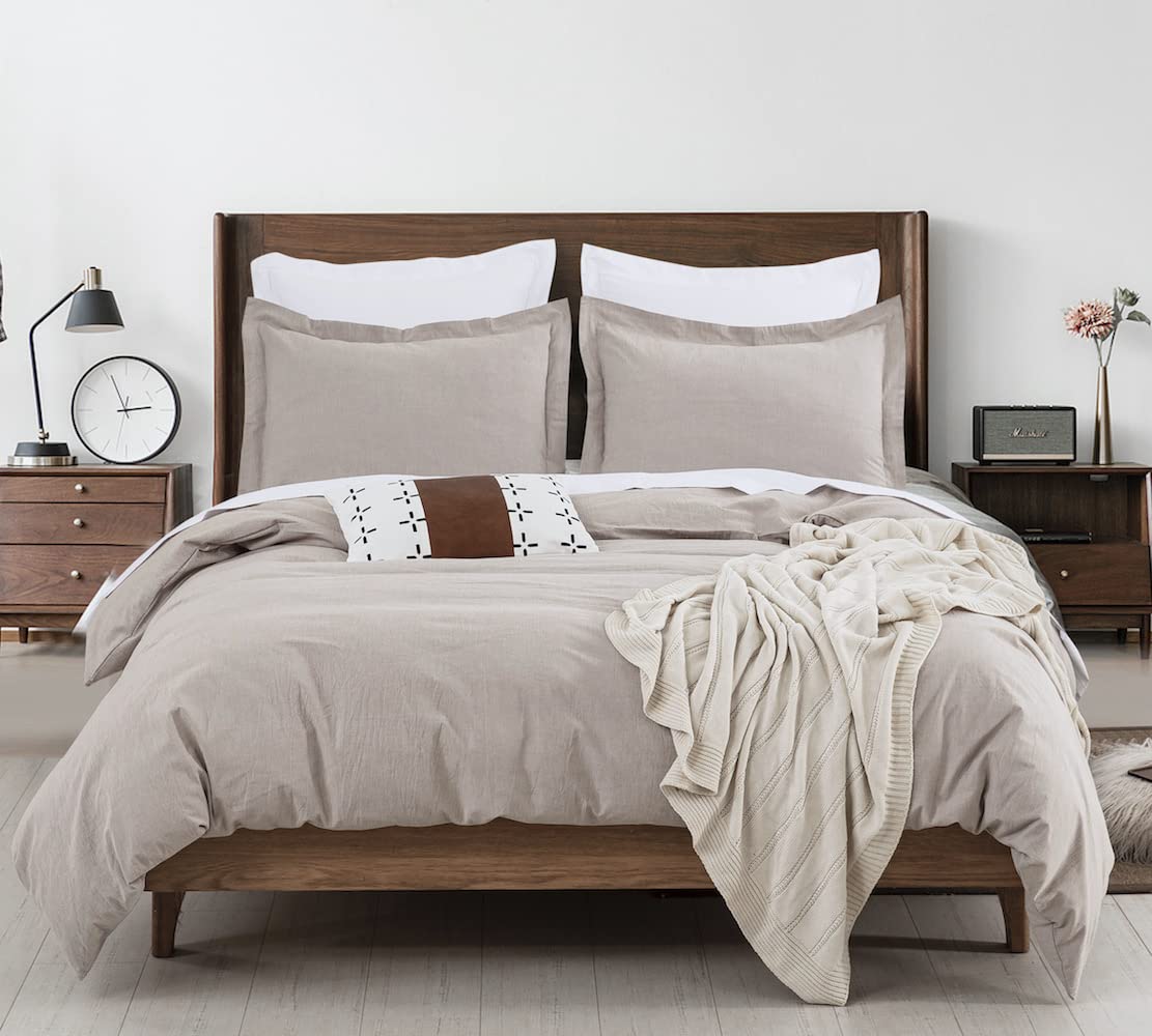 Dauaoto Cotton Duvet Cover 104'X90' King Size Set, Breathable Durable Pre-Washed Bedding, Yarn Dyed Grayish Beige