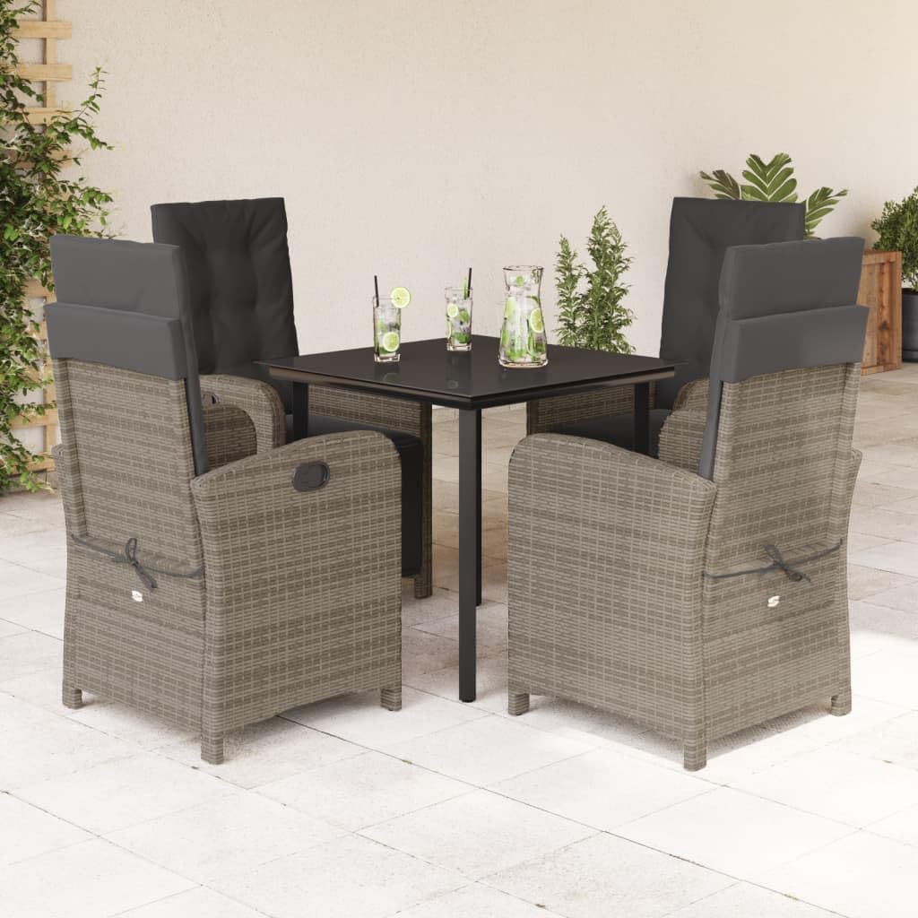 vidaXL 5 Piece Patio Dining Set - Reclining Gray Poly Rattan Garden Furniture with Cushions, Adjustable Backrest and Tempered Glass Table for Outdoor, Deck, Backyard, Garden, Lounge