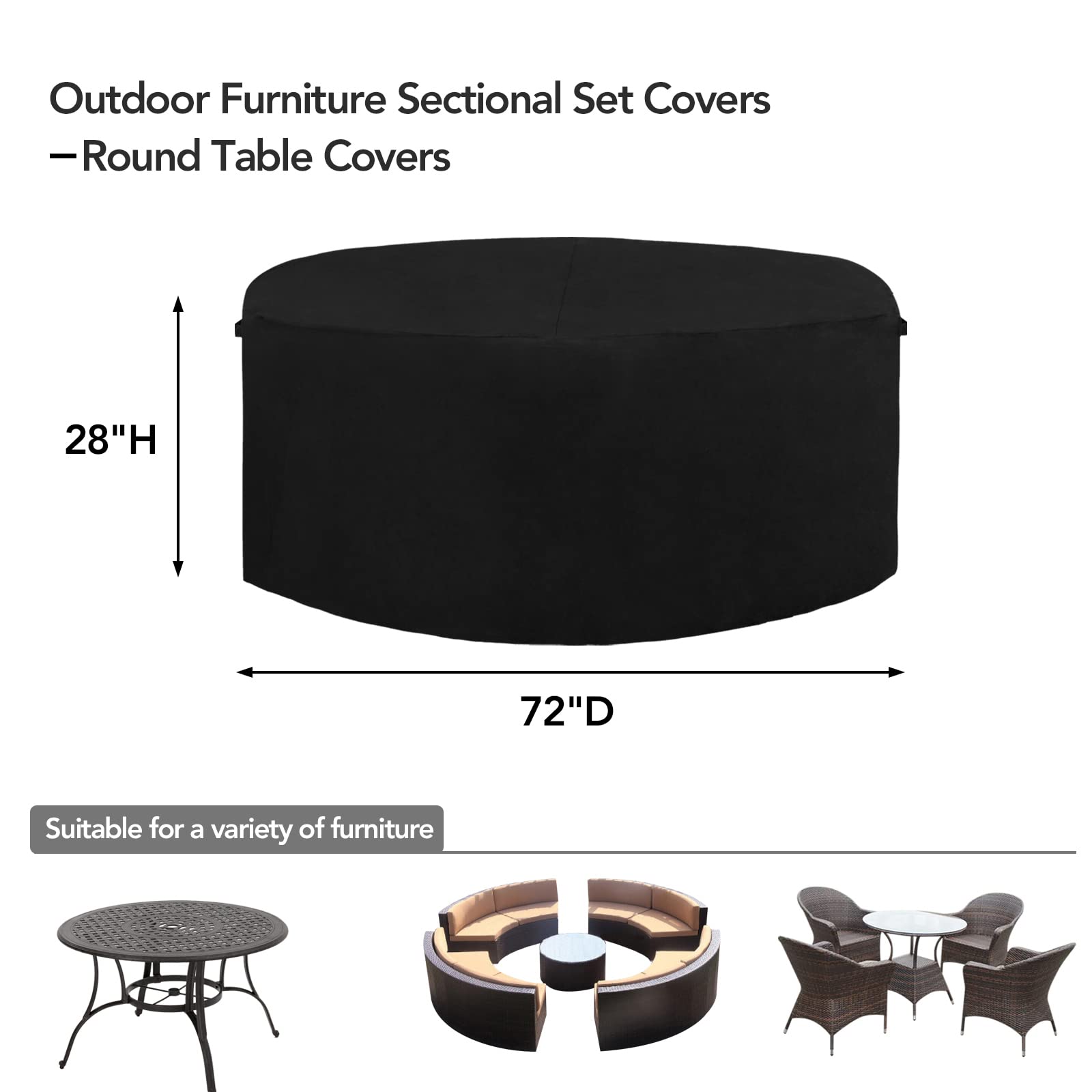 Easy-Going 600D Heavy Duty Round Patio Furniture Cover, Outdoor Table And Chair Set Cover, Waterproof Outdoor Sectional Furniture Set Cover (72' Diax 28' H, Black)