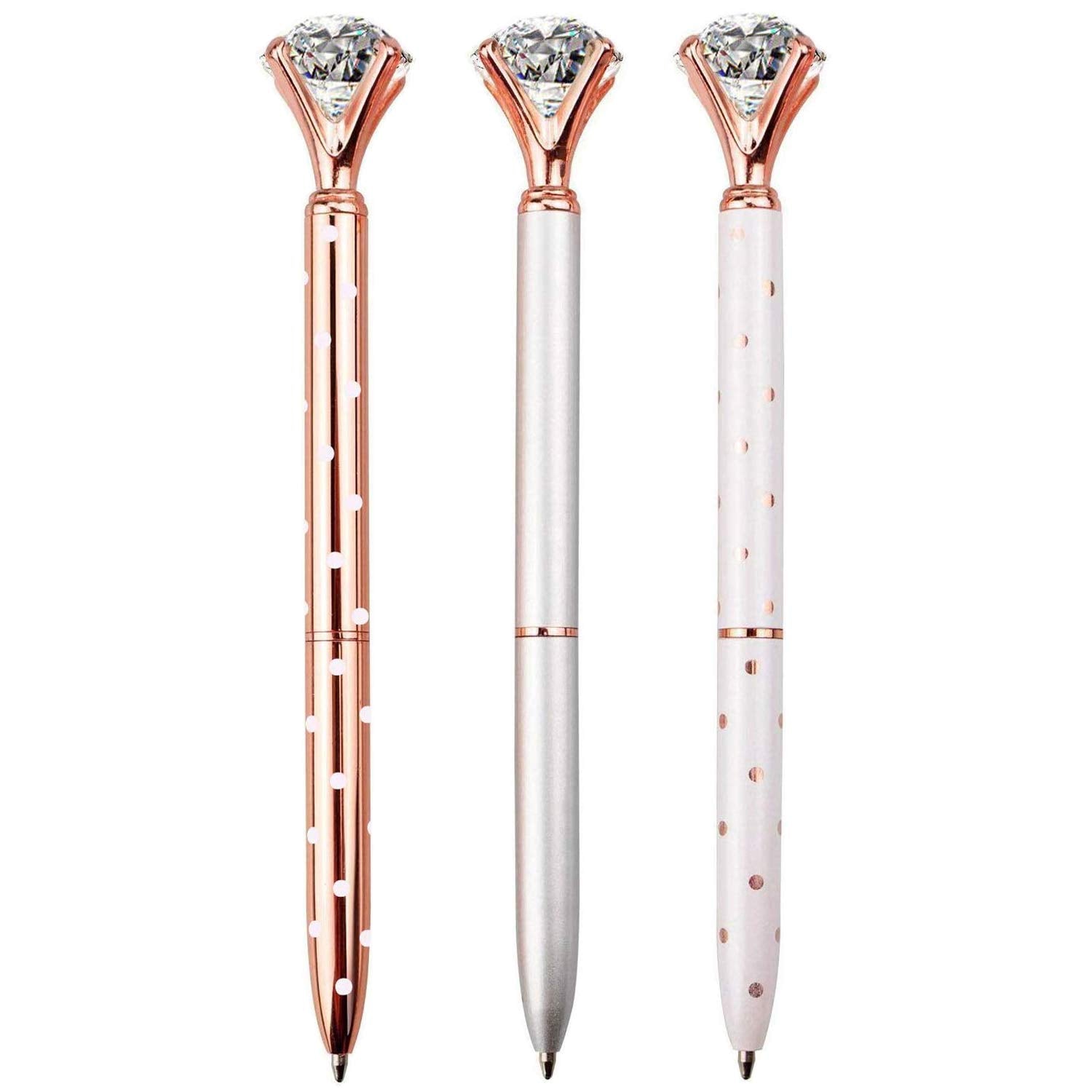 Longkey 3Pcs Big Crystal Diamond Ballpoint Pen Bling Metal Ballpoint Penoffices And Schools, Silver/White With Polka Dots/Rose G
