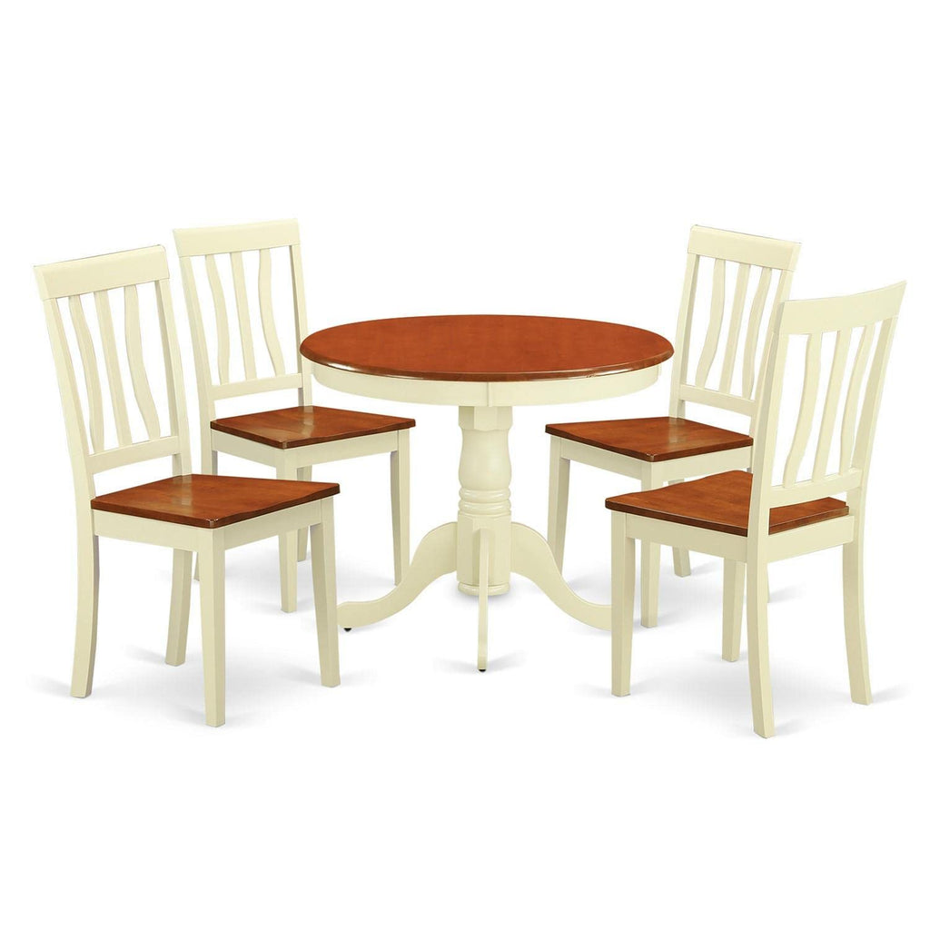 East West Furniture ANTI5-WHI-W 5 Piece Modern Dining Table Set Includes a Round Kitchen Table with Pedestal and 4 Dining Chairs, 36x36 Inch, Buttermilk & Cherry