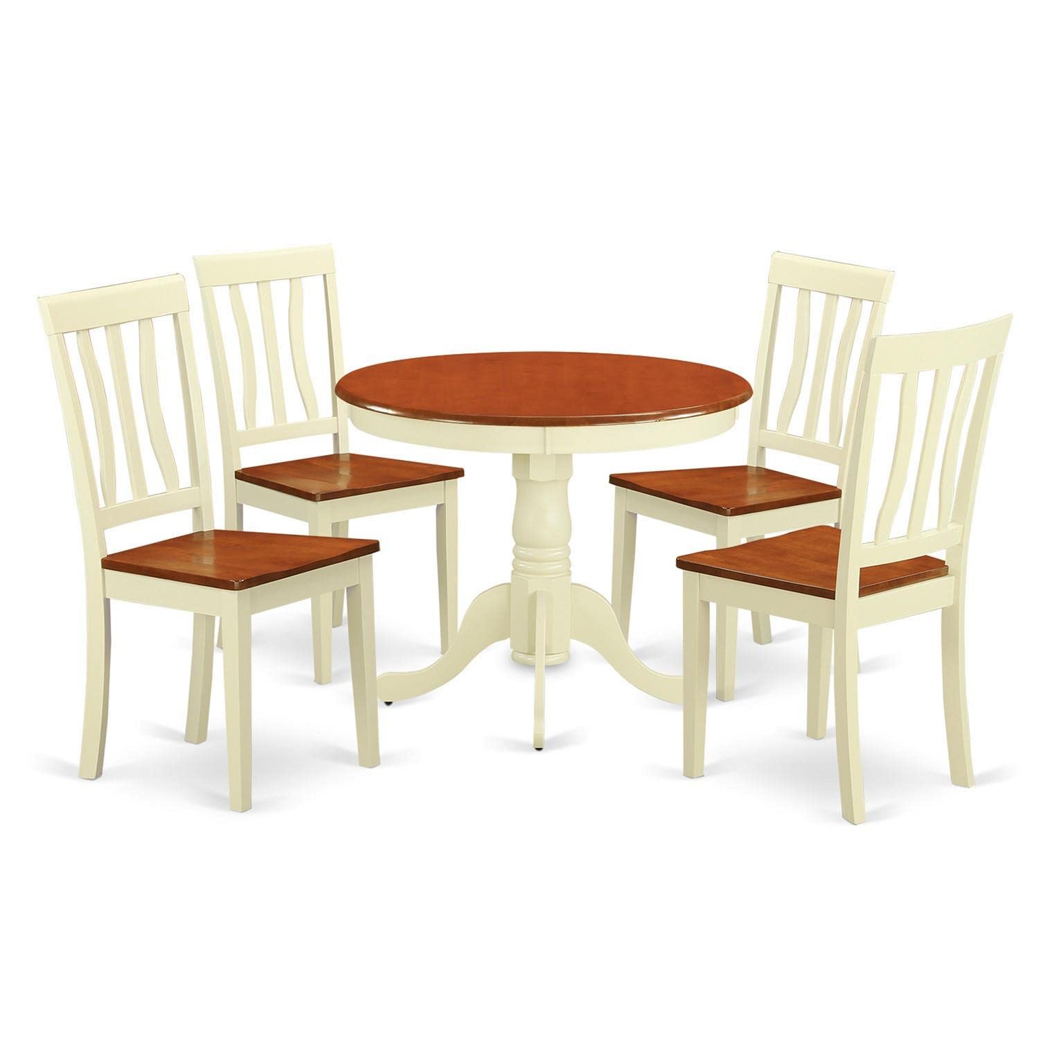East West Furniture ANTI5-WHI-W 5 Piece Modern Dining Table Set Includes a Round Kitchen Table with Pedestal and 4 Dining Chairs, 36x36 Inch, Buttermilk & Cherry