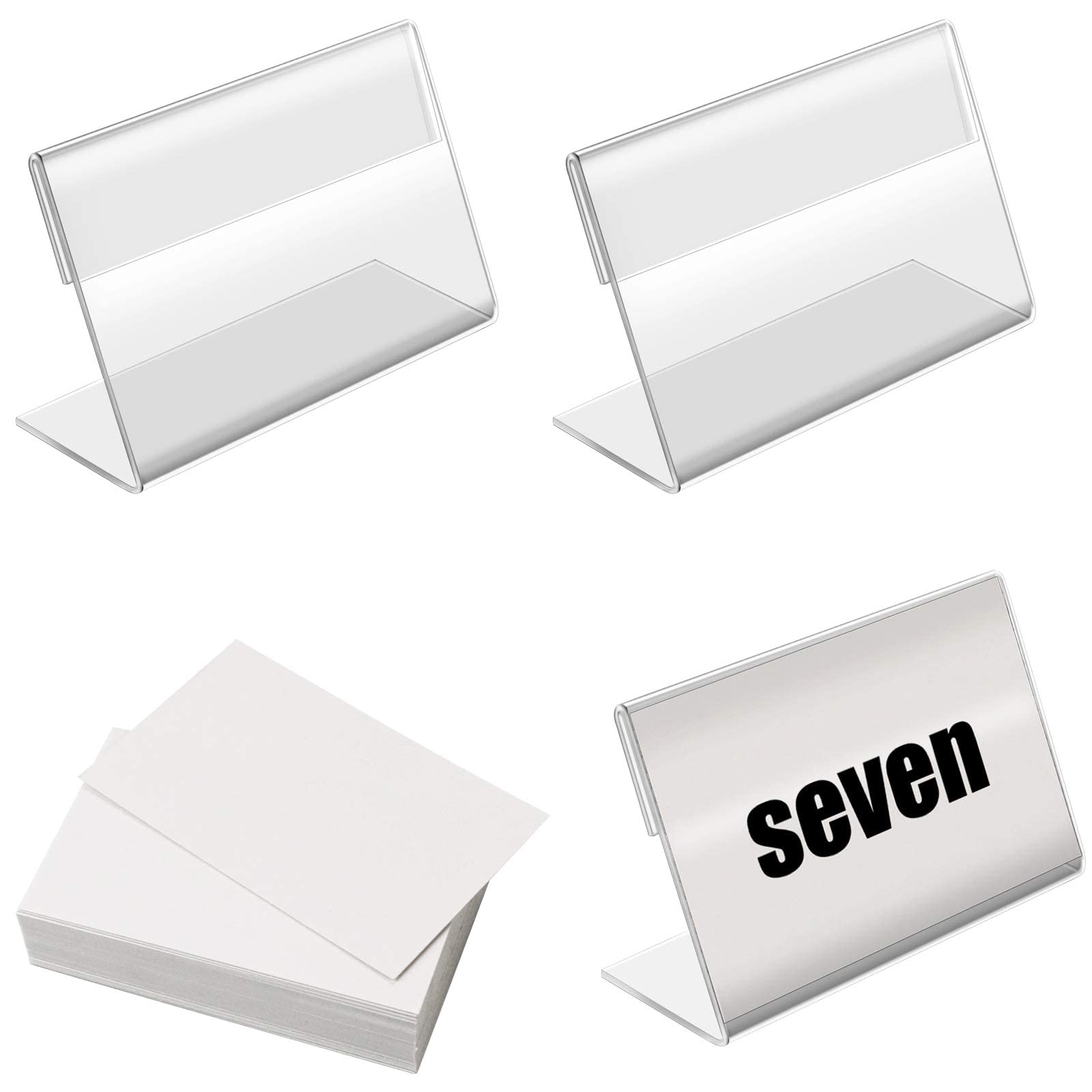 Billioteam 50Pack Mini Clear Sign Display Holder With Blank Labels,3.2*2.2 Inch Horizontal Slanted L-Shape Plastic Name Card Pri
