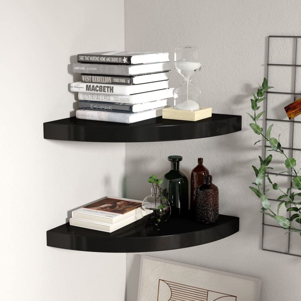 vidaXL Modern Floating Corner Shelves - 2 pcs Black 13.8&quot;x13.8&quot;x1.5&quot; MDF Wall Display Shelf for Books, Decoratives, Photos