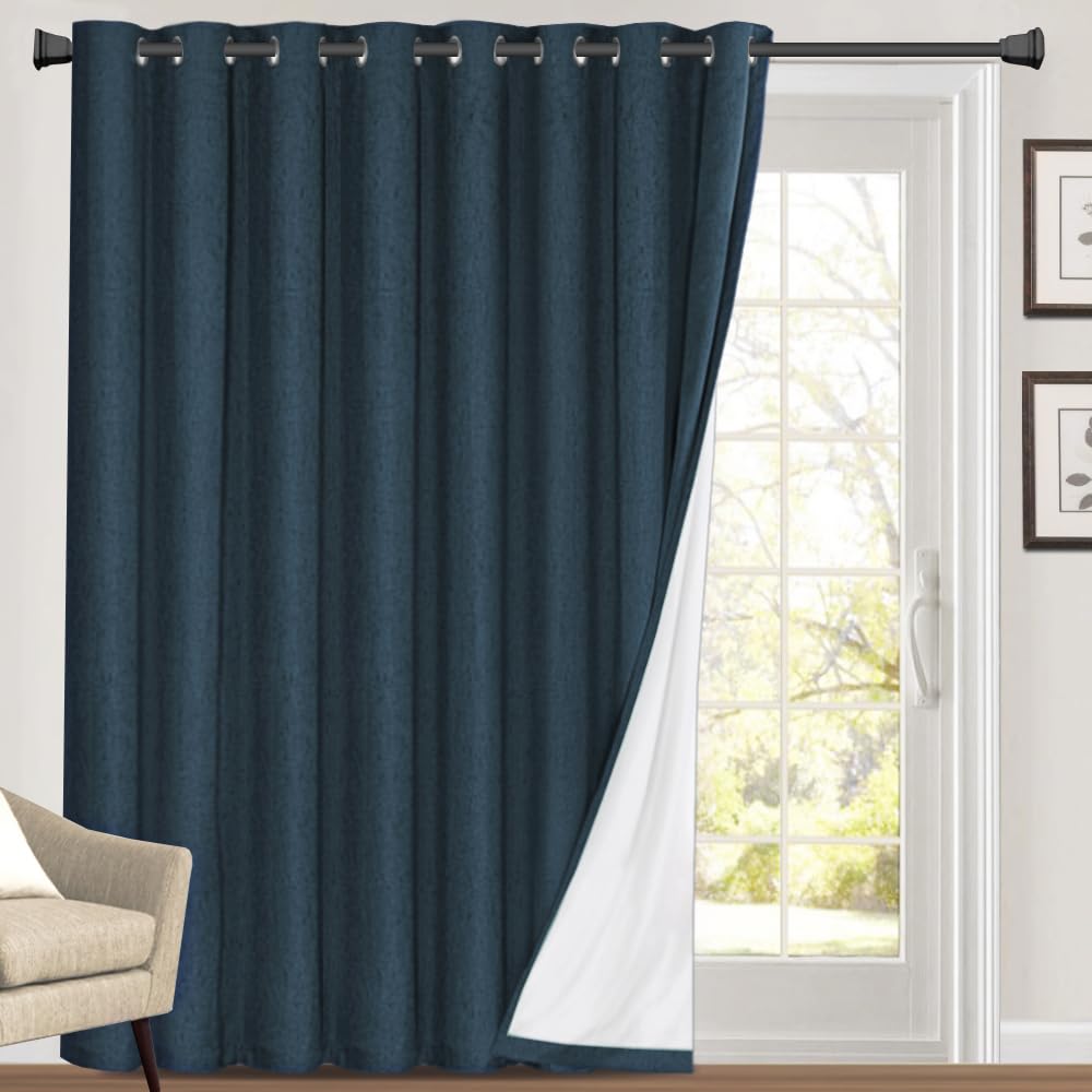 PrinceDeco Primitive Textured 100% Blackout Linen Look Patio Door Curtain 84 Inches Long Extra Wide Thermal Insulated Grommet Cu