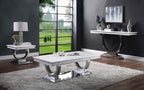Acme Zander Sofa Table in White Printed Faux Marble and Mirrored Silver Finish
