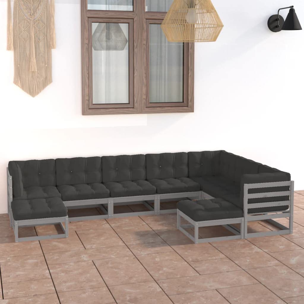 vidaXL Solid Pinewood Patio Lounge Set 9 Piece with Cushions Outdoor Garden Terrace Yard Furniture Wooden Lounge Sofa Set Seat Seating Gray