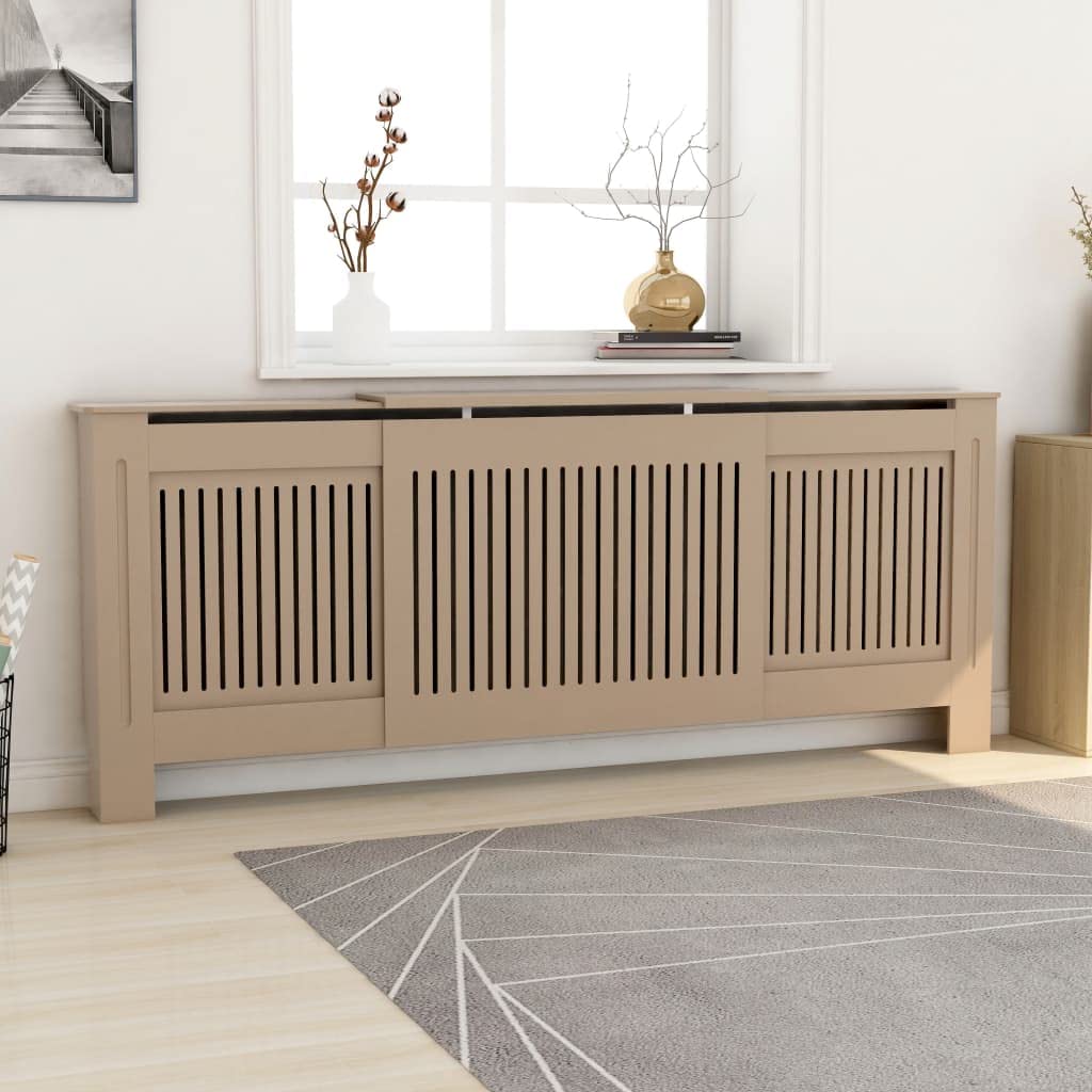 vidaXL Radiator Cover with Adjustable Length, Slatted Design Heater Cover Cabinet with Storage Shelf, Hide Cluttered Pipes, MDF, 55.5-80.7''x7.5''x32.1'', Brown
