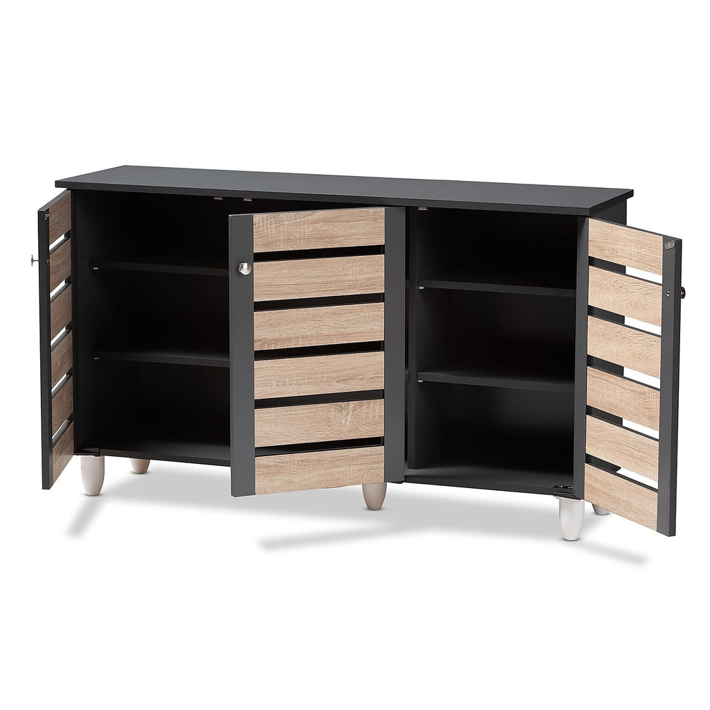 Baxton Studio Gisela 3-Door Shoe Storage Cabinet, Oak and Dark Gray (152-9173-HiT)