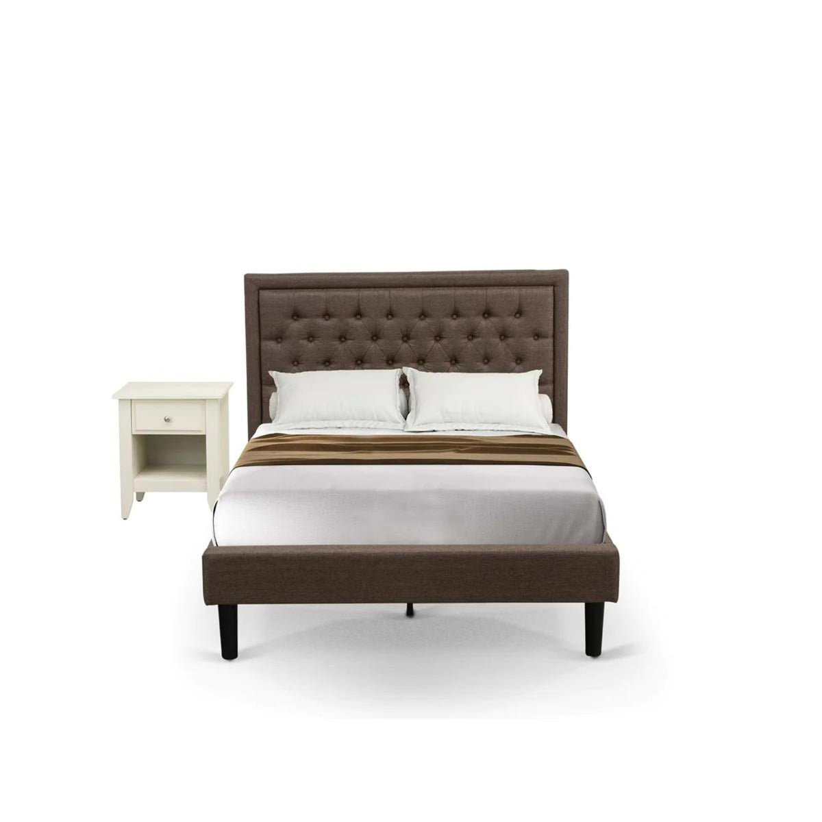 East West Furniture KD18F-1GA0C 2 Piece Bed Set - 1 Bed Frame Brown Linen Fabric Padded and Button Tufted Headboard with 1 Night Stands for Bedrooms - Wire Brushed Butter Cream Finish Nightstand