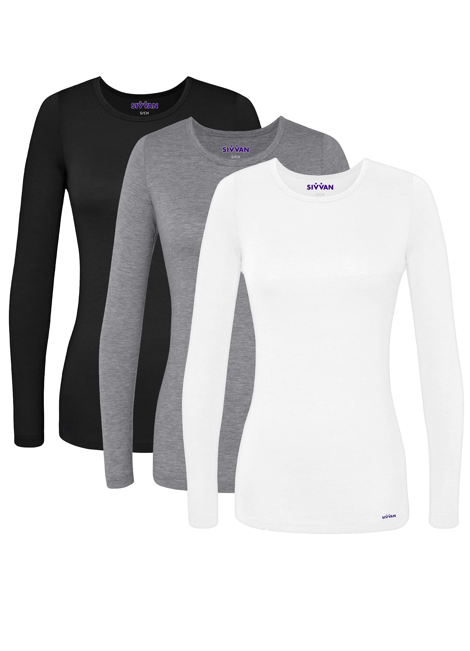Sivvan Scrubs For Women - Long Sleeve Comfort Underscrub Tee 3-Pack - S85003 - Blackdark Marl Greywhite - M