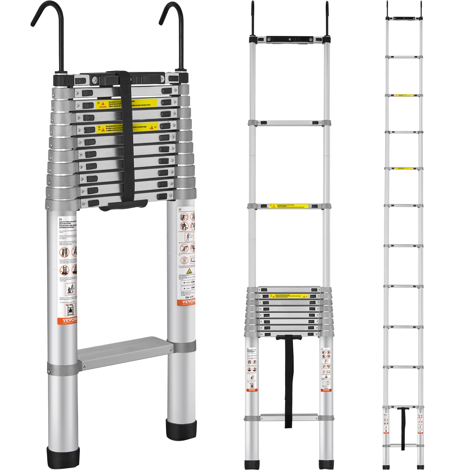 VEVOR Telescoping Ladder, 15 FT Aluminum One-Button Retraction Collapsible Extension Ladder, 400 LBS Capacity with Non-Slip Feet