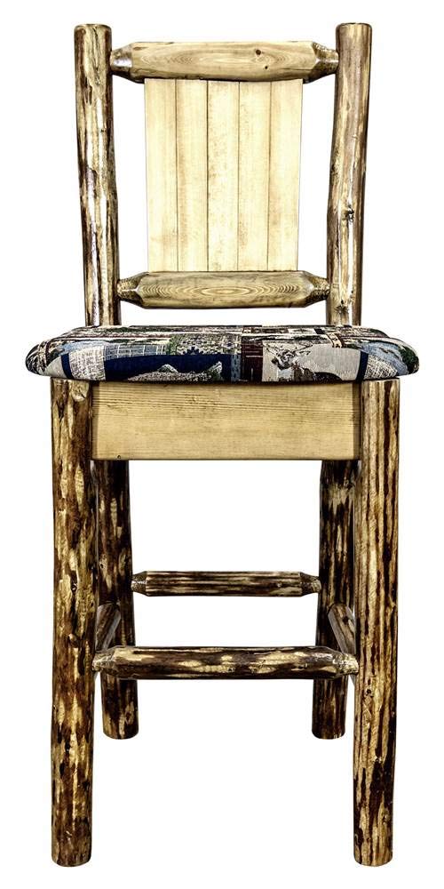 Montana Woodworks Glacier Country Collection Counter Height Barstool with Upholstered Seat, Woodland Pattern, Laser Engraved Pine Tree Design, Stained & Lacquered