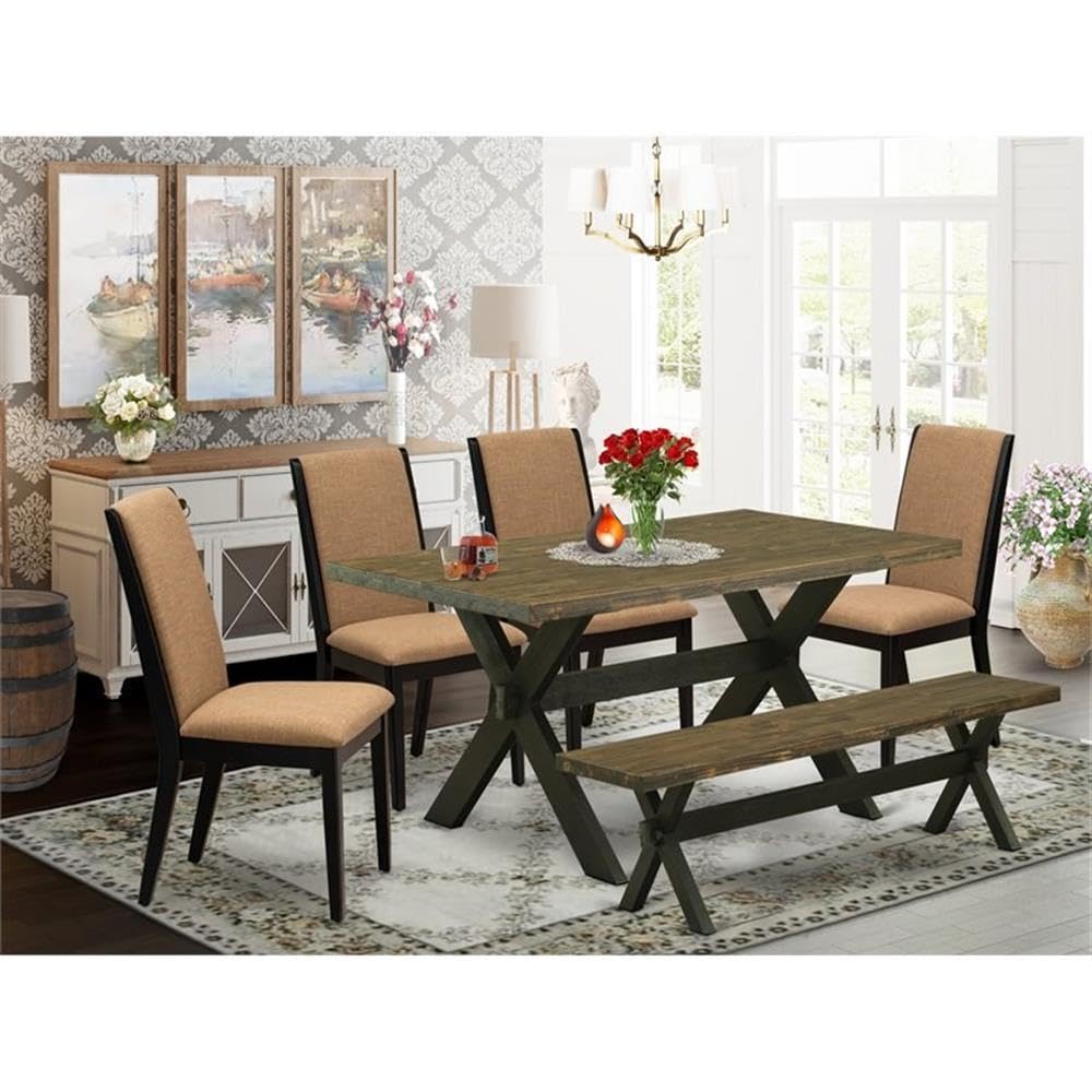 East West Furniture X676La147-6 6 Piece Dining Table Set Contains A Rectangle Wooden Table With X-Legs And 4 Light Sable Linen Fabric Parson Chairs With A Bench, 36X60 Inch, Multi-Color