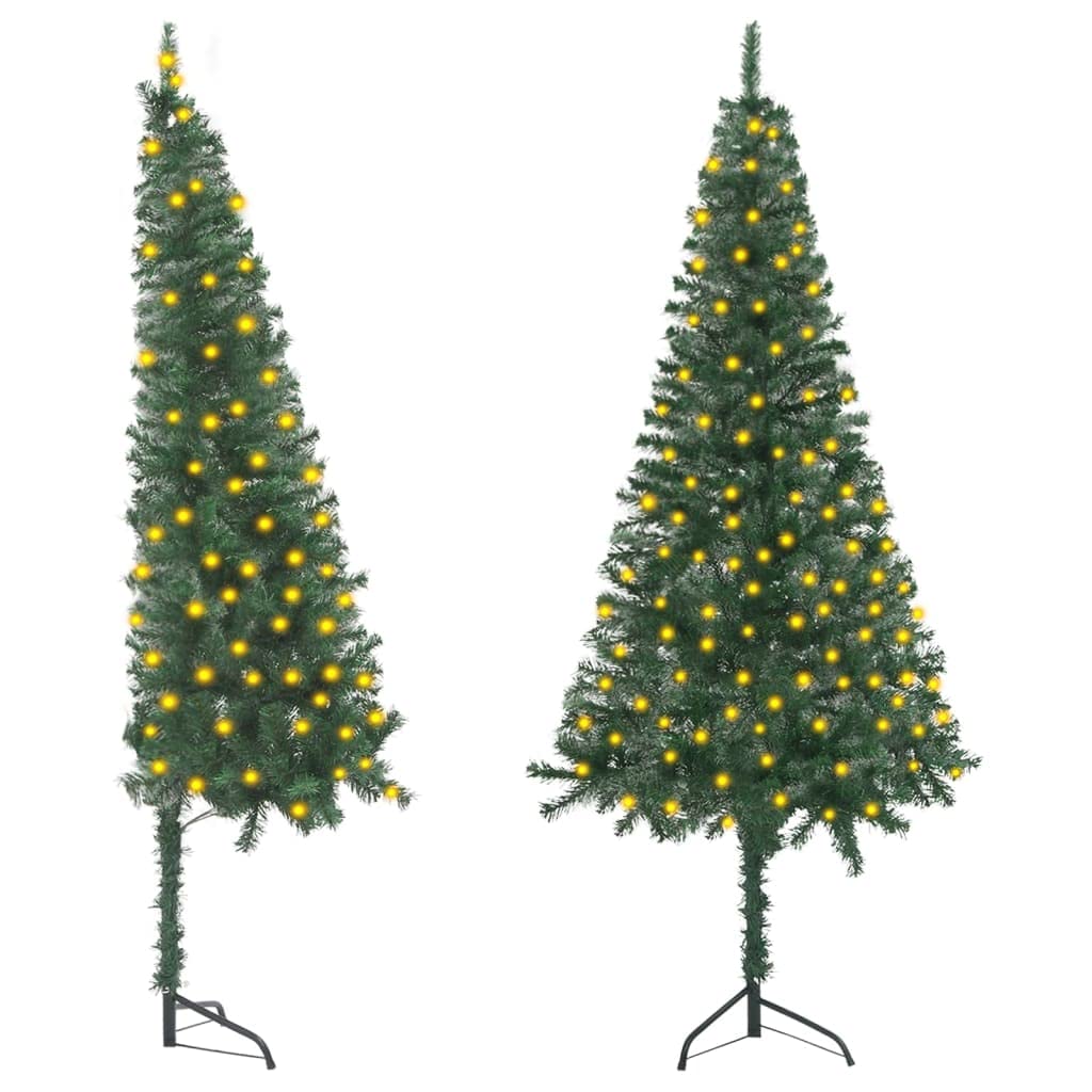 vidaXL Corner Artificial Pre-lit Christmas Tree - Green PVC Xmas Decoration, Space-Saving Design, Energy-Efficient LED, 59.1&quot; Height, Adjustable Branches, Steel Stand Included