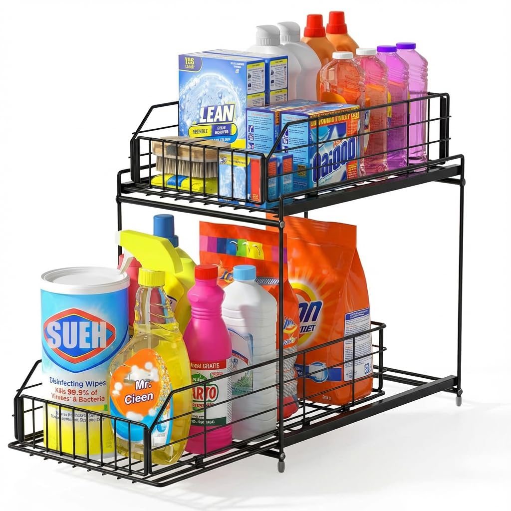 Popcube Metal 2 Tier Under Sink Storage Organizer  Collapsible Under Sink Organiser For Kitchen, Bathroom With Easy To Use Pull