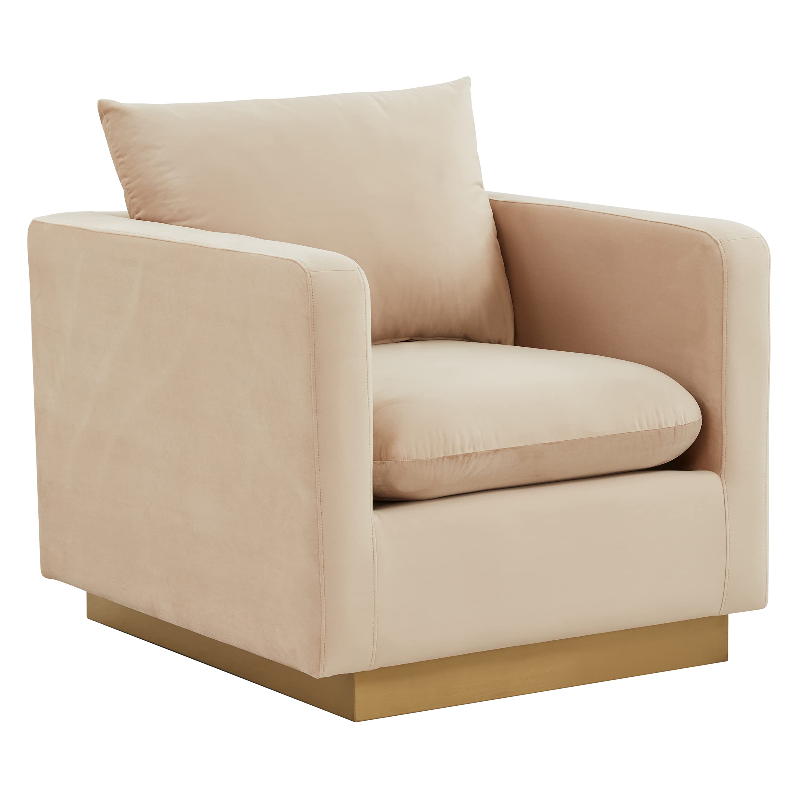 Leisuremod Nevro Nervo Modern Upholstered Velvet 32' Accent Chair With Gold Base & Removable Cushions, Beige