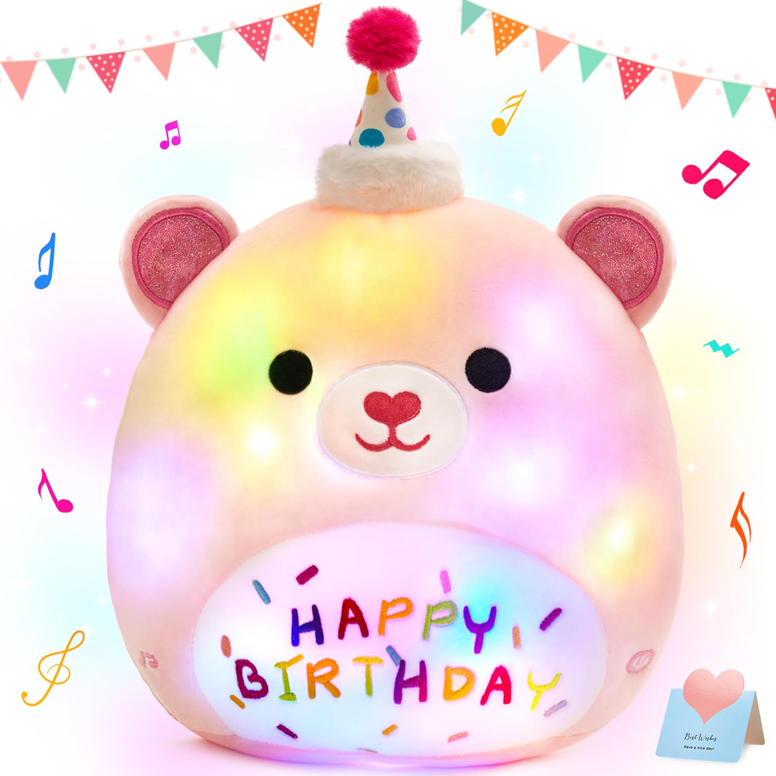 BSTAOFY Light up Music Happy Birthday Teddy Bear Soft Plush Pillow Birthday Stuffed Animal Bear Birthday Gift for Toddler Kids G