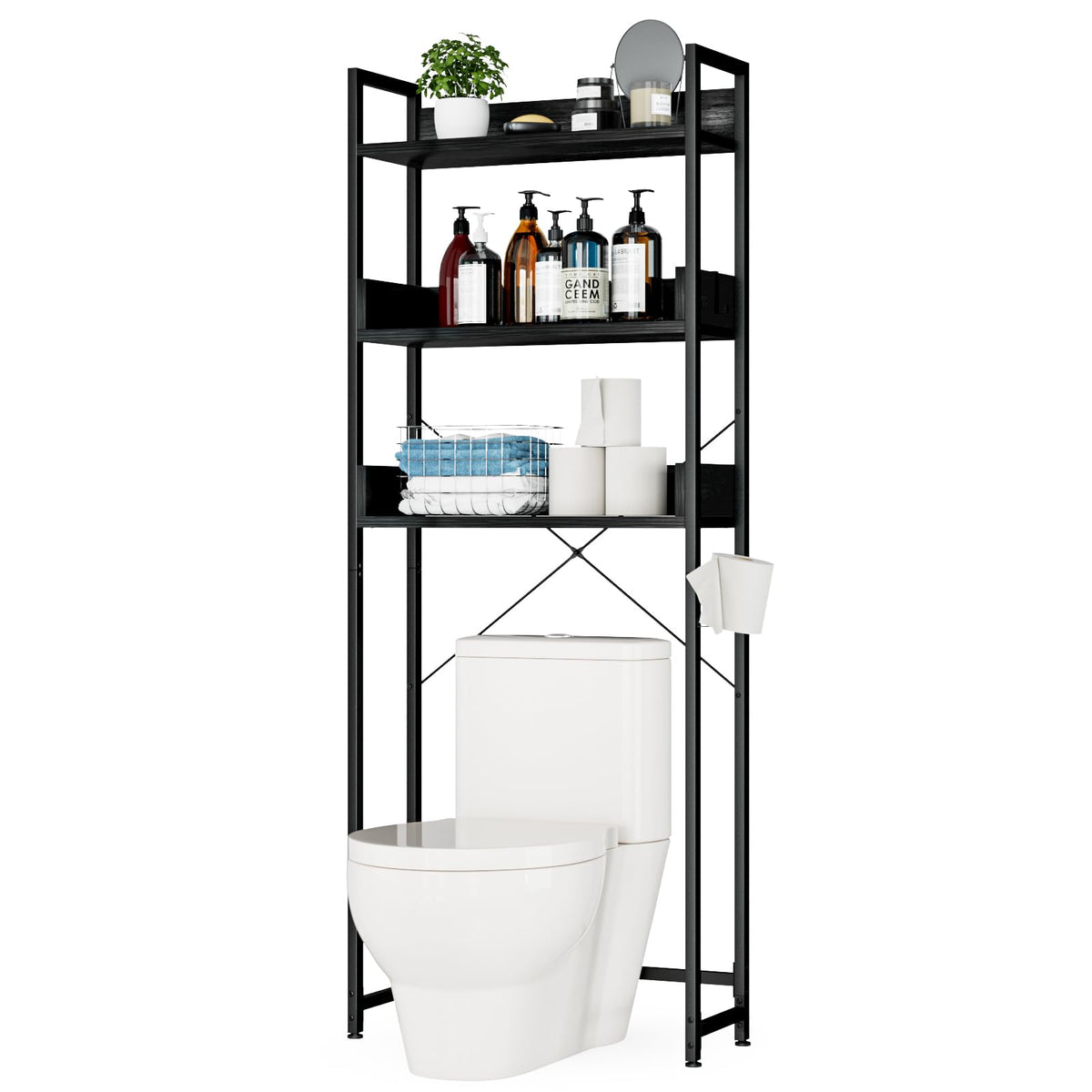 Otk Over-The-Toilet Storage, 3 Tier Bathroom Organizer Shelf, Freestanding Space Saver With Toilet Paper Holder, Multifunctional Over The Toilet Rack, Black
