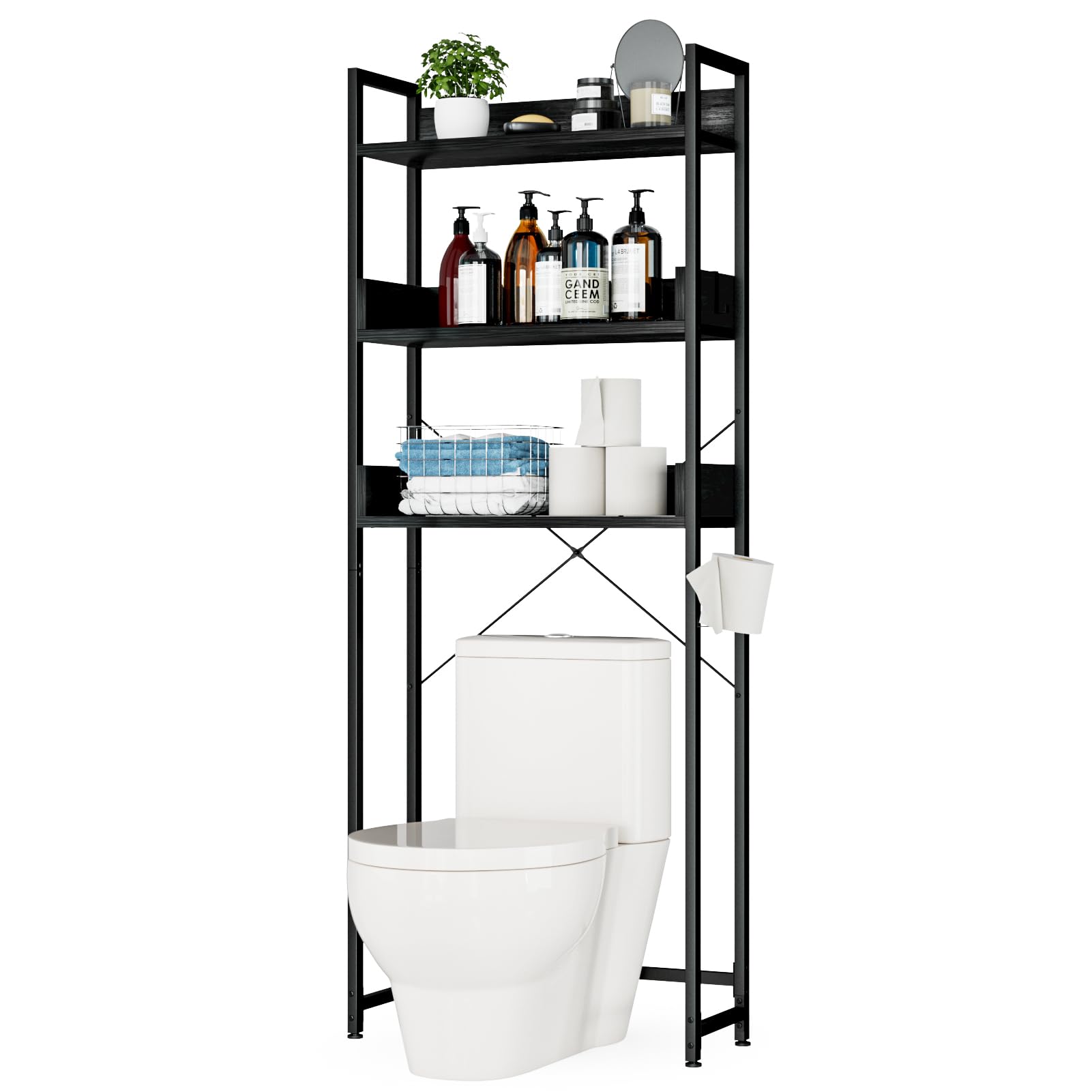 Otk Over-The-Toilet Storage, 3 Tier Bathroom Organizer Shelf, Freestanding Space Saver With Toilet Paper Holder, Multifunctional Over The Toilet Rack, Black