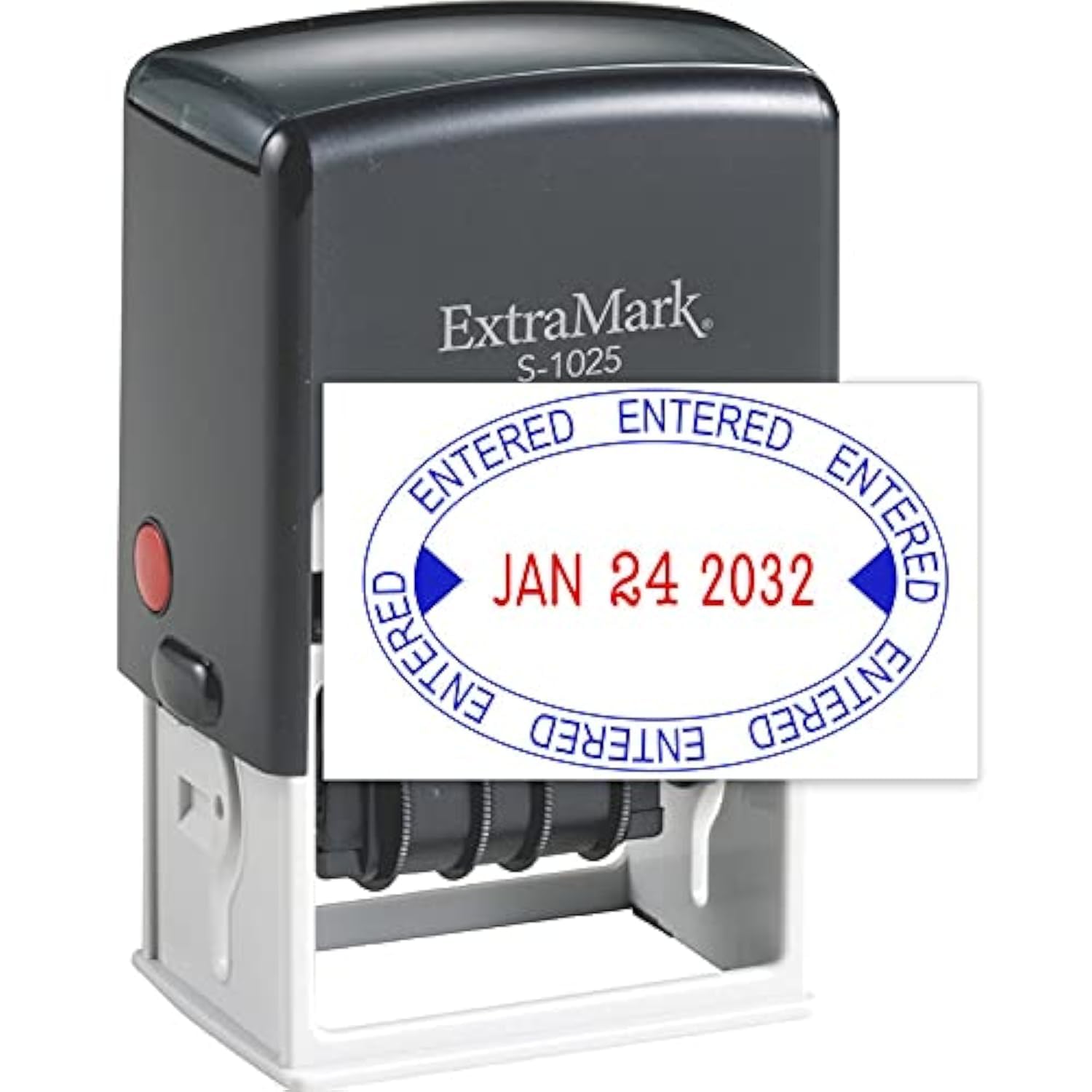 Extramark S-1025 Professional Self Inking Office Date Stamp With 'Entered' Phrase - Style O - Blue & Red Color Ink