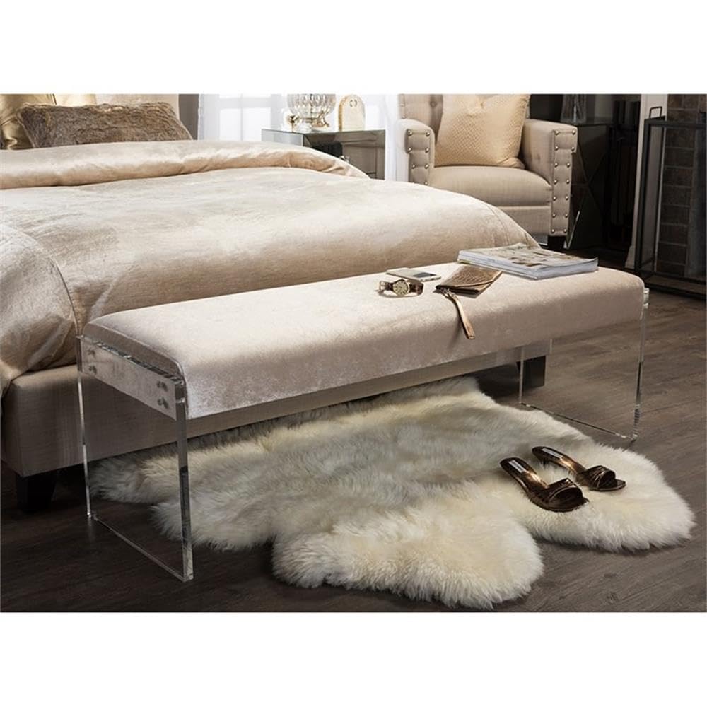 Baxton Studio Hildon Modern and Contemporary Microsuede Fabric Upholstered Luxe Bench with Paneled Acrylic Legs, Beige