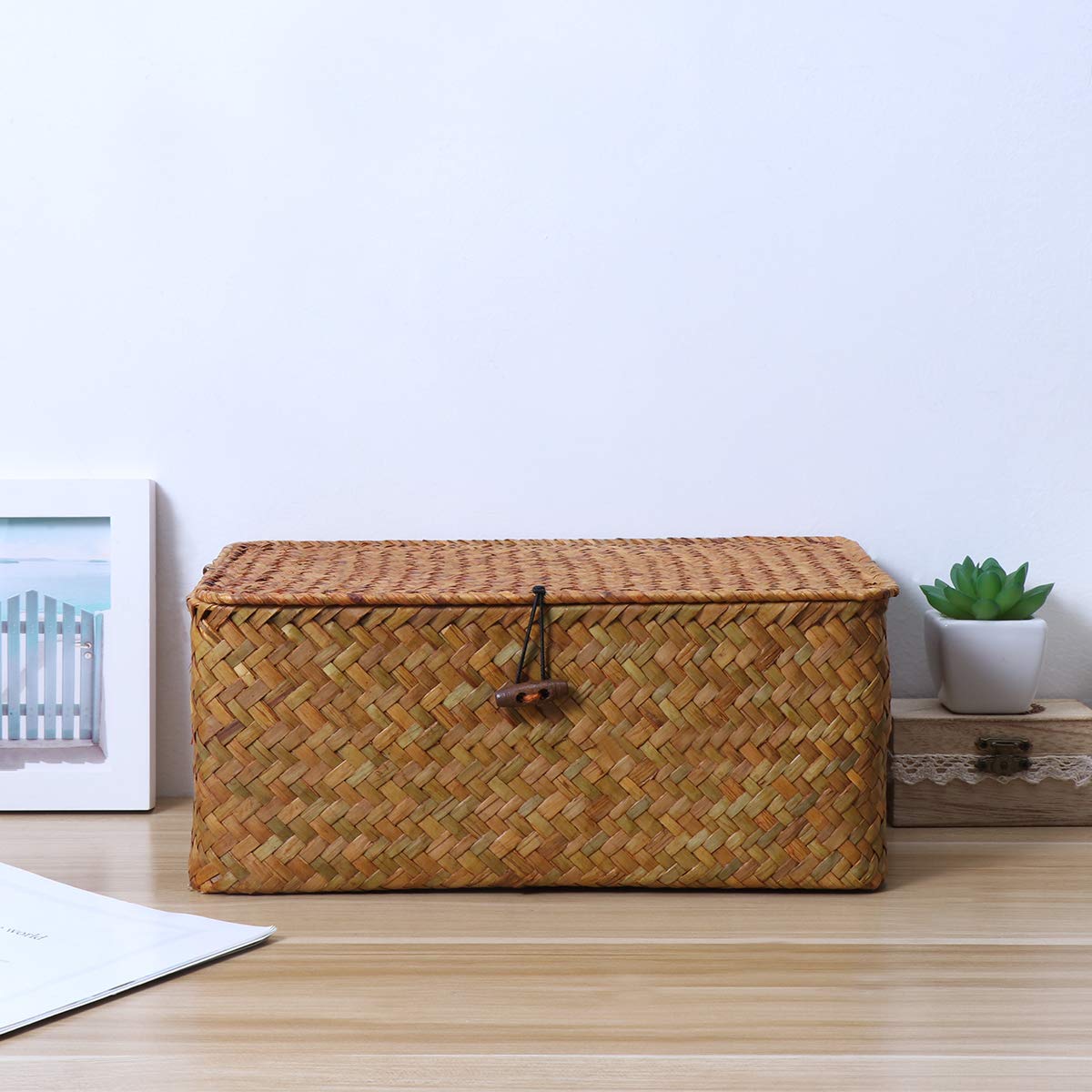 Rattan Storage Basket Makeup Organizer Multipurpose Container With Lid (L)