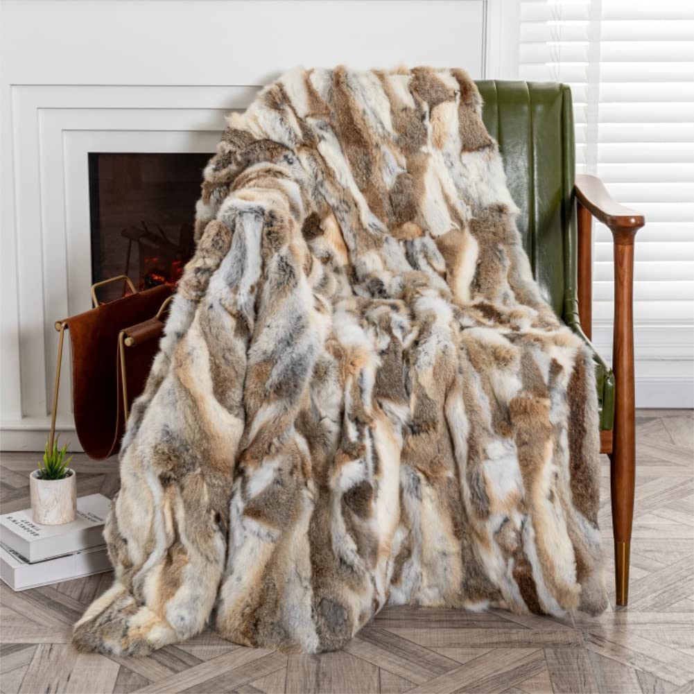Natural Real Rabbit Fur Throw Blanket Luxury Fluffy Soft Cozy Plush,Thick Warm Blanket For Couch, Sofa And Bed,55.1In X62.9In(St
