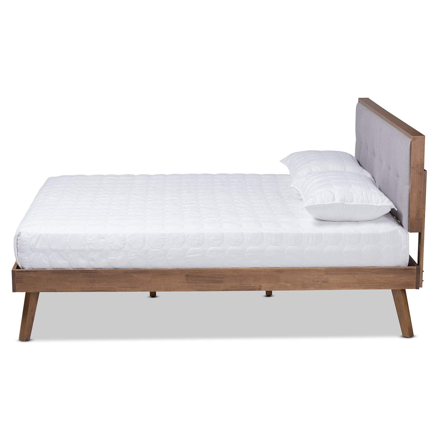 Baxton Studio Alke Mid-Century Modern Light Grey Fabric Upholstered Walnut Brown Finished Wood King Size Platform Bed