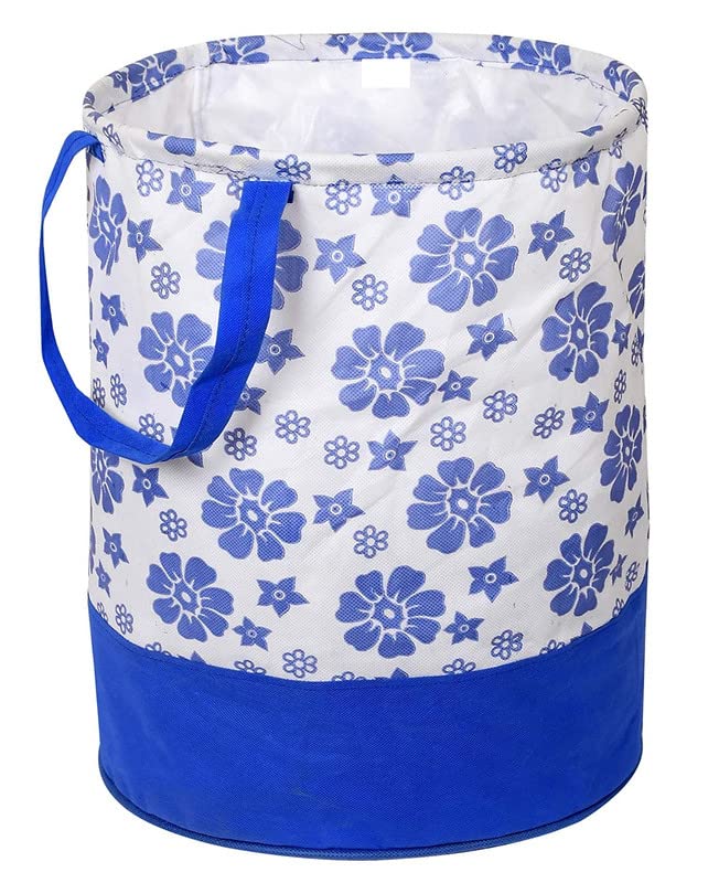 Craft Bazar Round Canvas Blue Floral Print 45 L Laundry Bag/Hamper Durable Collapsible Laundry Storage Basket For Dirty Clothes 