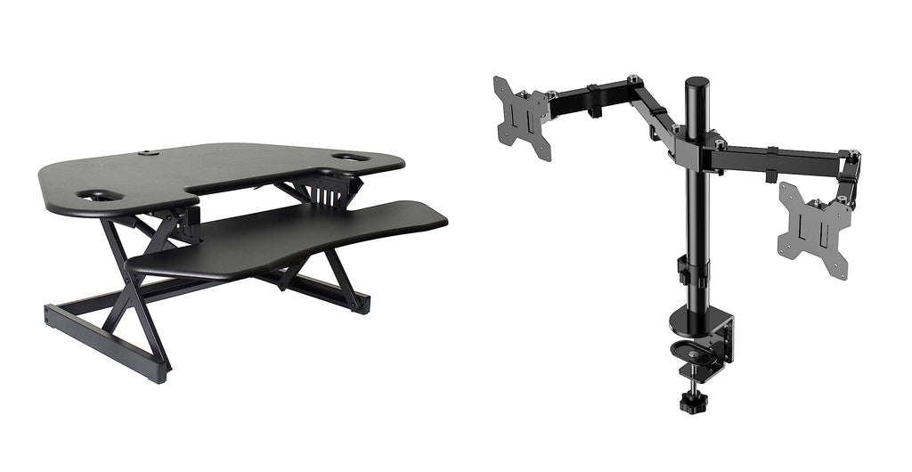 Rocelco 46" Height Adjustable Corner Standing Desk Converter with Dual Monitor Arm Bundle - Quick Sit Stand Up Computer Workstation Riser - Extra Large Keyboard Tray - Black (R CADRB-46-DM2)