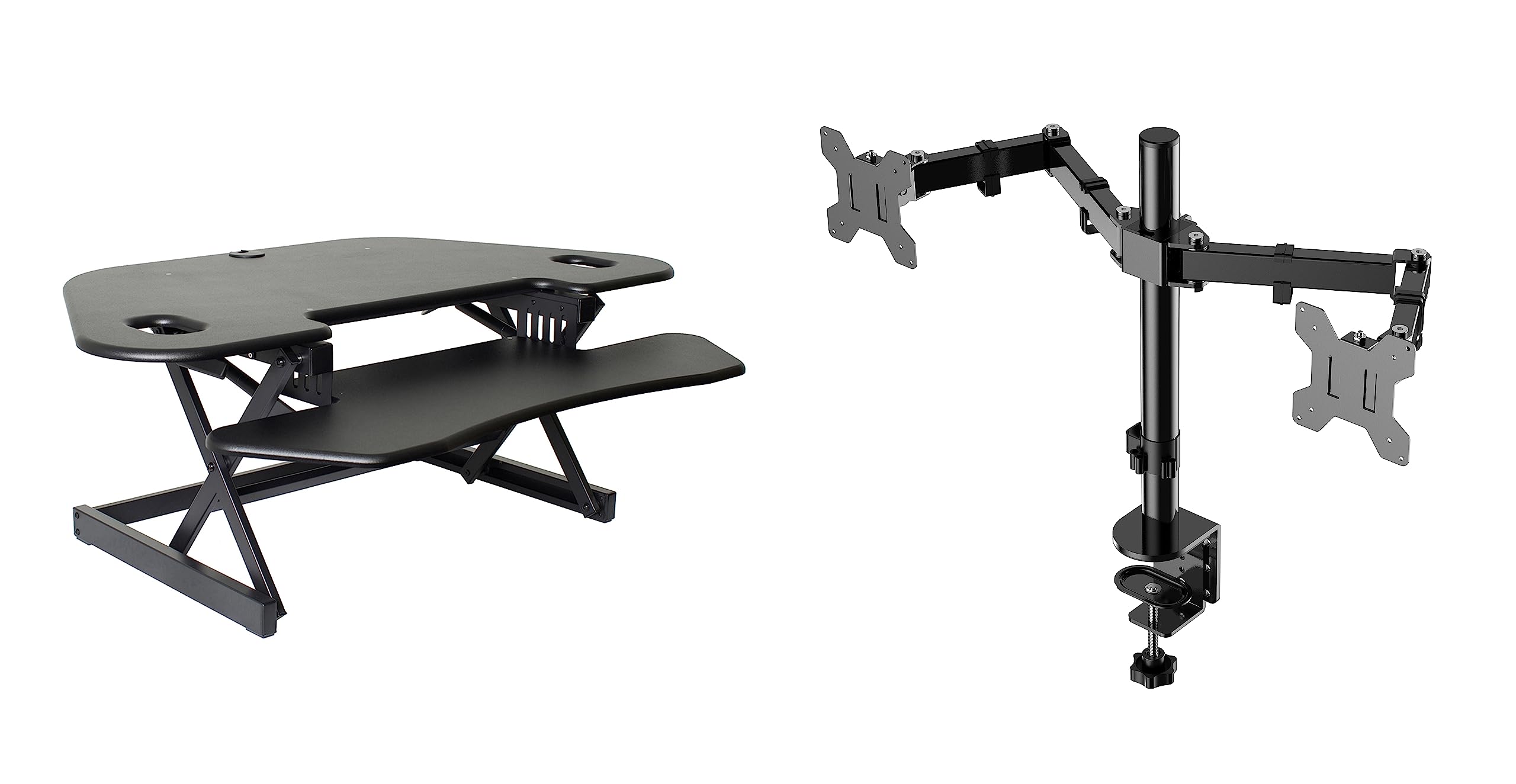 Rocelco 46" Height Adjustable Corner Standing Desk Converter with Dual Monitor Arm Bundle - Quick Sit Stand Up Computer Workstation Riser - Extra Large Keyboard Tray - Black (R CADRB-46-DM2)