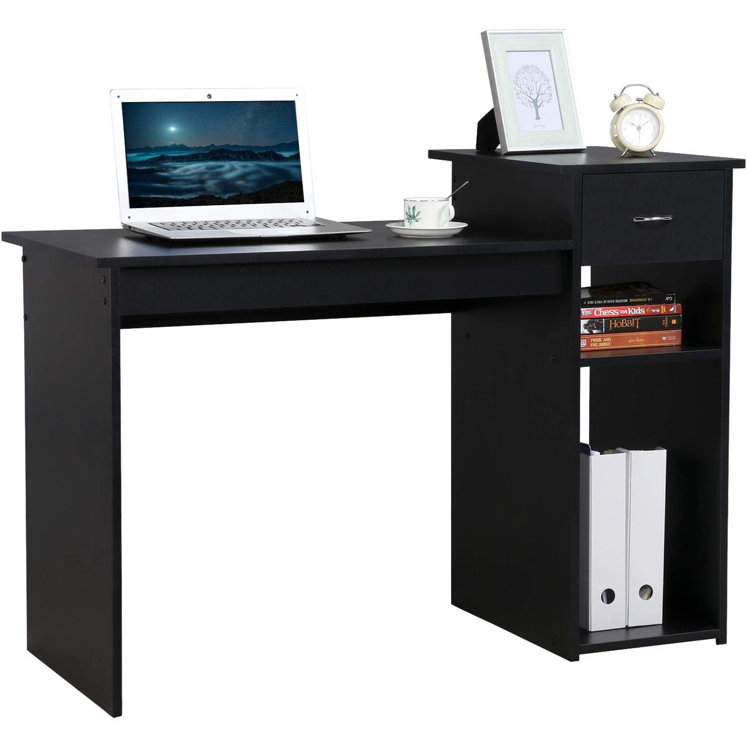 Yaheetech Home Office Computer Desk With Storage Drawer And Monitor Stand, Wooden Pc Laptop Desk, Modern Simple Style Computer Workstation Study Writing Desk, Black