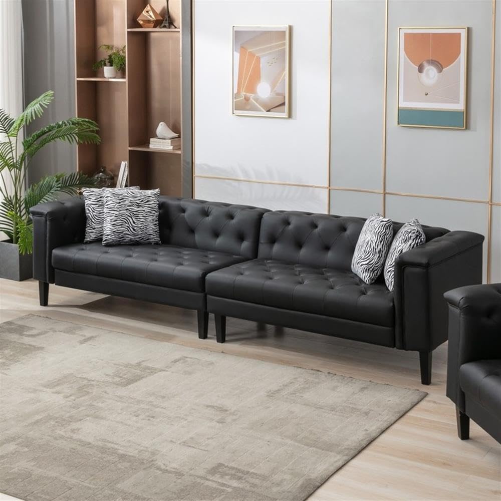 Lilola Home Sarah Black Vegan Leather Tufted Sofa with 4 Accent Pillows