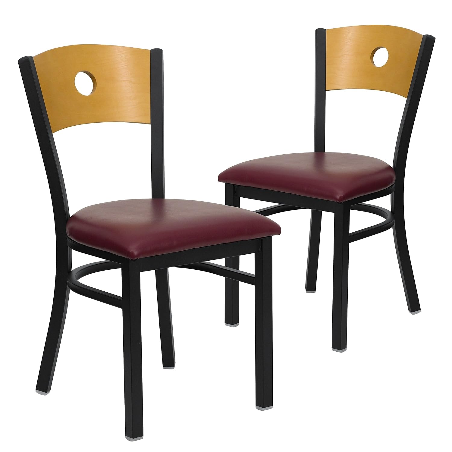 2 Pk. Black Circle Back Metal Chair - Natural Wood Back, Burgundy Vinyl Seat