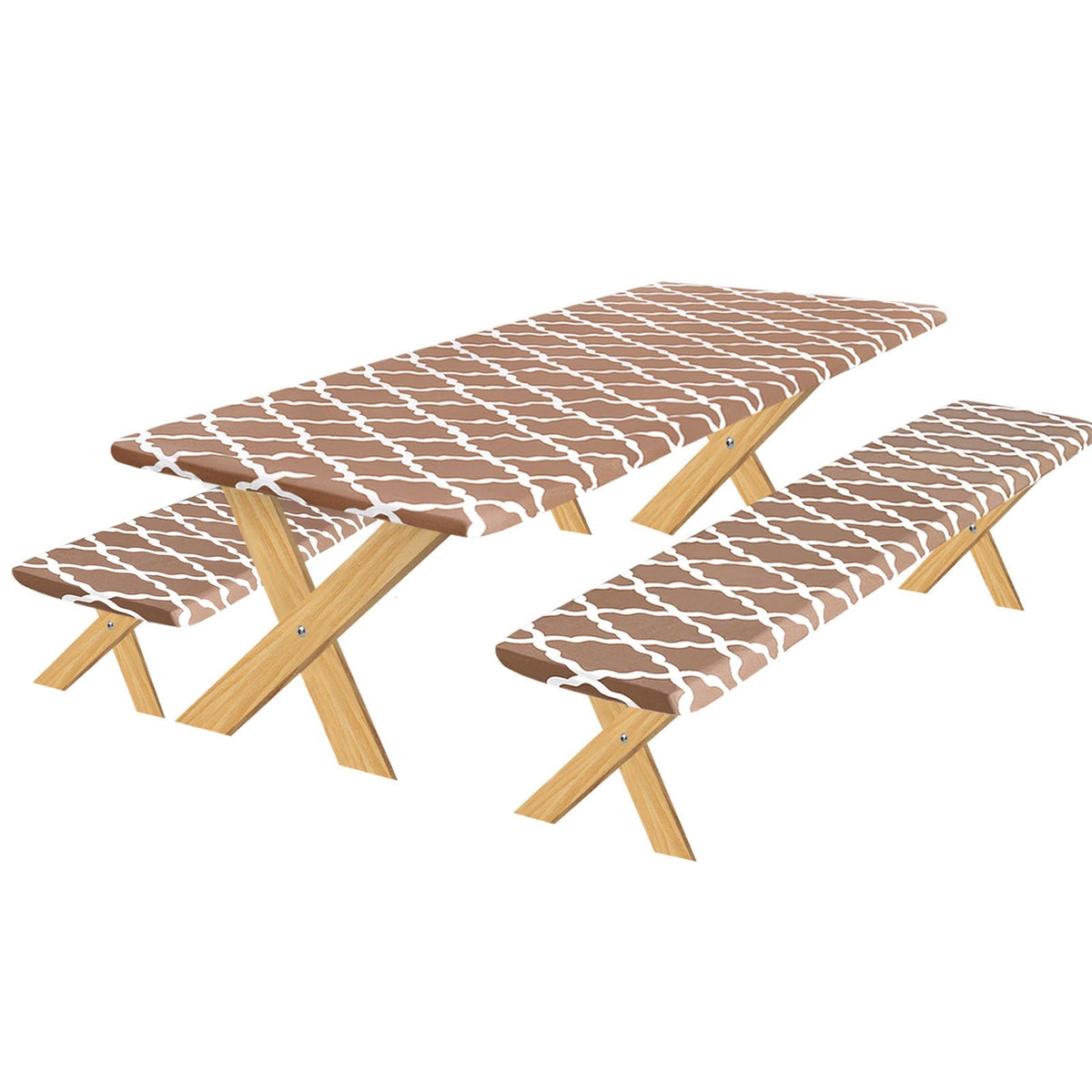Outdoorlines Vinyl Fitted Picnic Table Cover With Bench Covers - Waterproof Camping Tablecloth For Picnic Table, Elastic Picnic Table Covers For Outdoor, Camping (Moroccon Camel 96X30 Inch, 3 Pcs)
