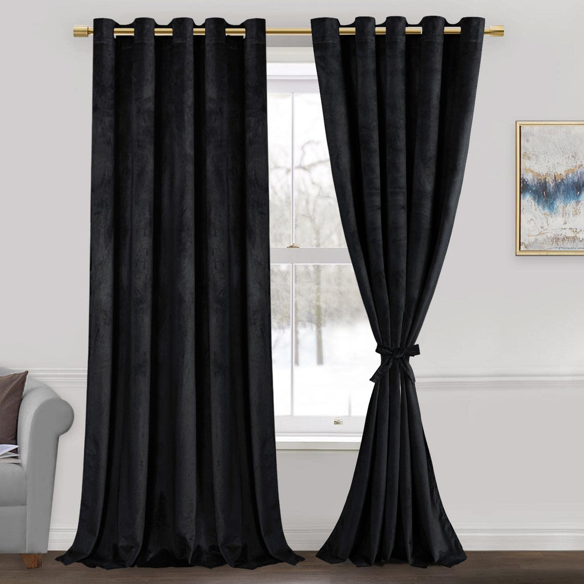 Jiuzhen Black 60 X 84 Inches Velvet Blackout Curtains - Extra Wide Insulated Window Covering Noise Absorbing & Privacy Protect D
