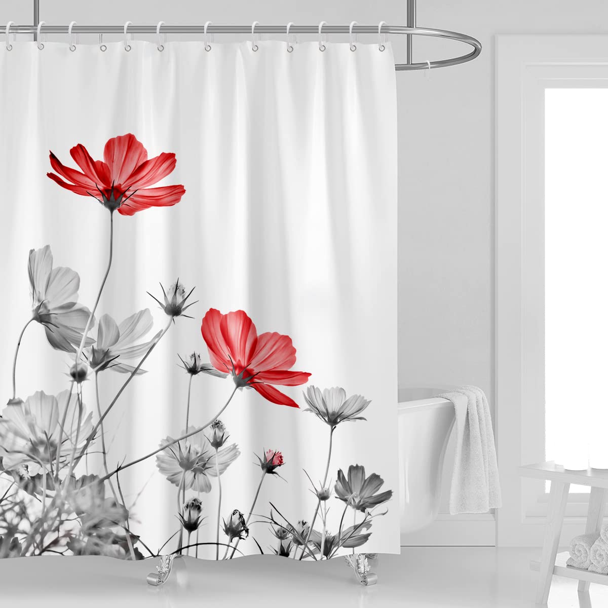 Kikiry Red Gray Shower Curtain 60W x 72L White Grey Flowers Wildflower Daisy Floral Ink Painting Botanical Simple Elegance B