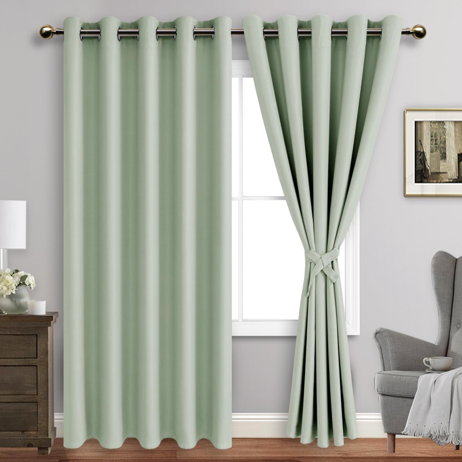 Jiuzhen Light Green Blackout Curtains With Tiebacks Thermal Insulated, Light Blocking And Noise Reducing Grommet Curtains For And Living Room, Set Of 2 Window Curtain Panels, 60 X 96 Inch Length