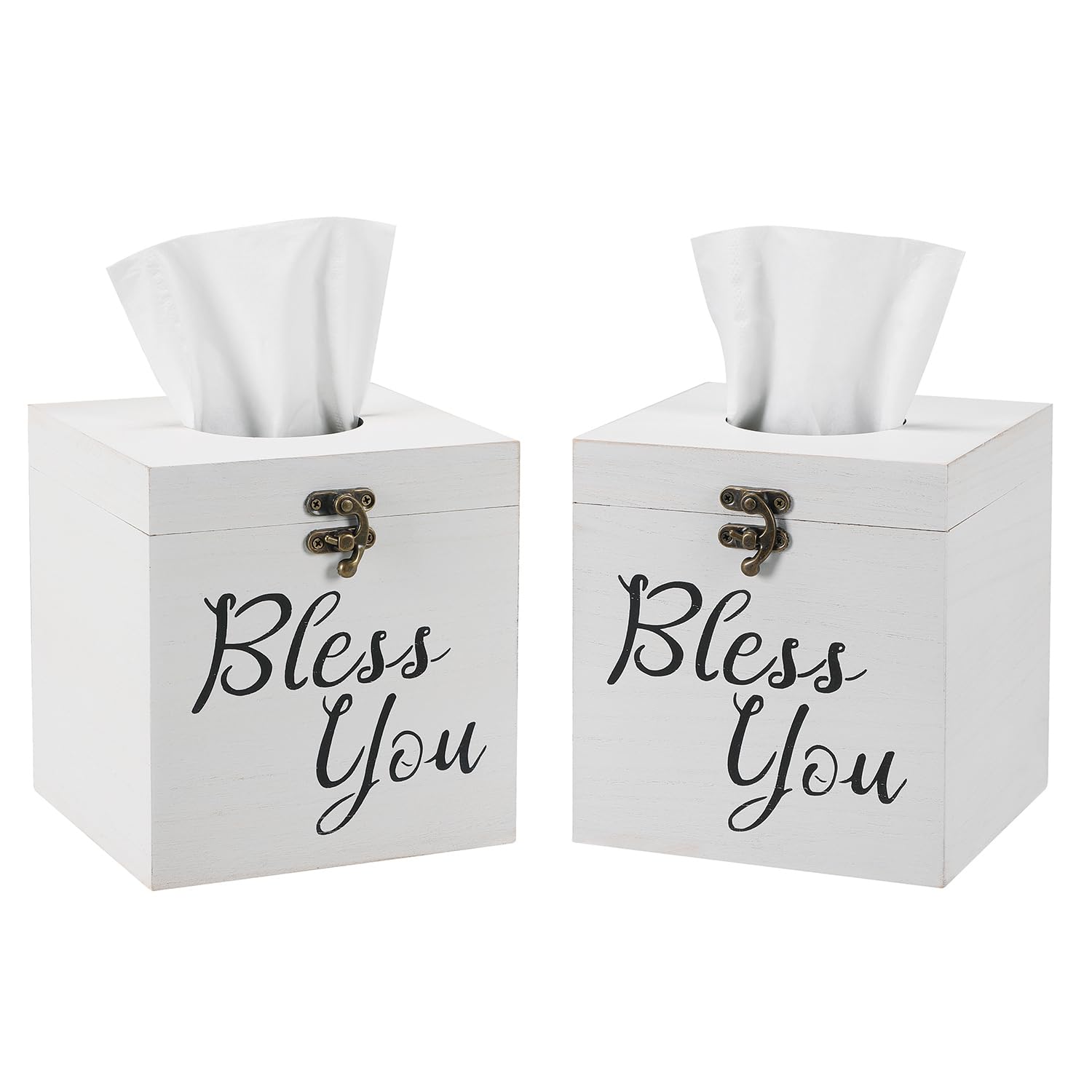 Jorikchuo Bless You Tissue Box Cover, Set of 2 Wood Tissue Box Cover Square, Farmhouse Toilet Paper Holder (Classic White)
