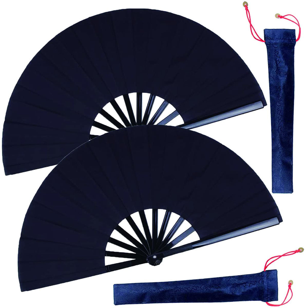 HONSHEN 2 Pack Large Folding Hand Fan,Black Chinese Kung Fu Tai Chi Fan Nylon-Cloth Fans for Men and Women Performance,Dance,Dec