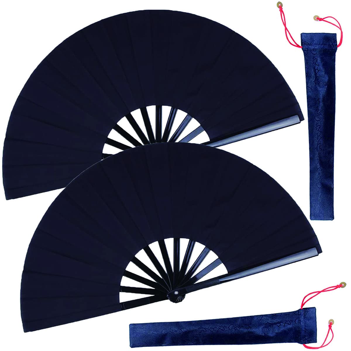 HONSHEN 2 Pack Large Folding Hand Fan,Black Chinese Kung Fu Tai Chi Fan Nylon-Cloth Fans for Men and Women Performance,Dance,Dec